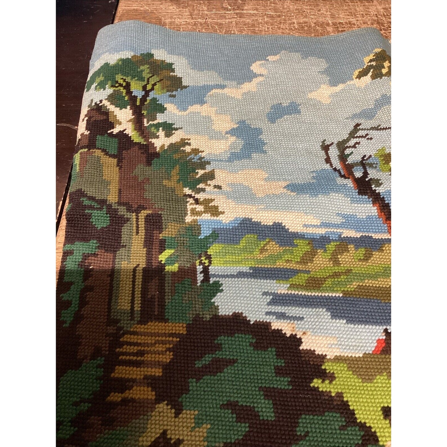 Handmade Cross Stitch Country Lake Scene - 24x19.5”