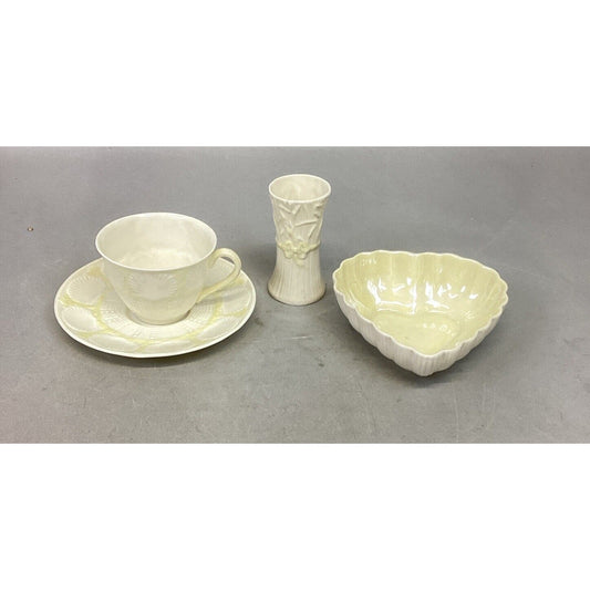 Belleek Yellow Ribbon Bud Vase, Cup/Saucer And Heart Candy Dish
