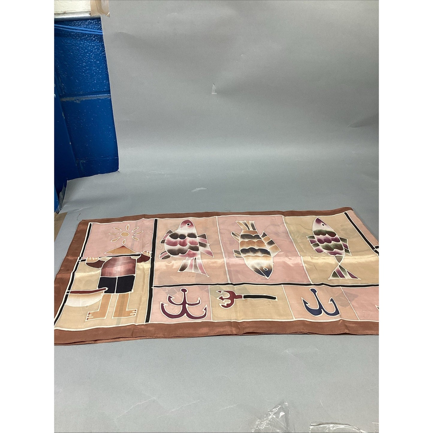 100% Silk Beach Themed Scarf W/ Shells, Fish And Fishermen - 60x16”