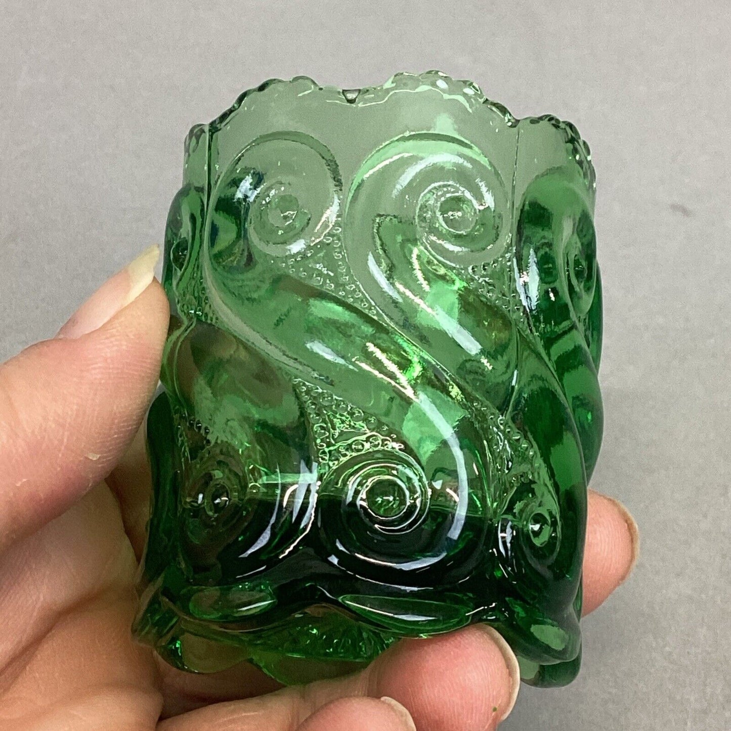 Vintage Pressed Green Glass Toothpick Holder Swirling Waves - 2.5x1.75”