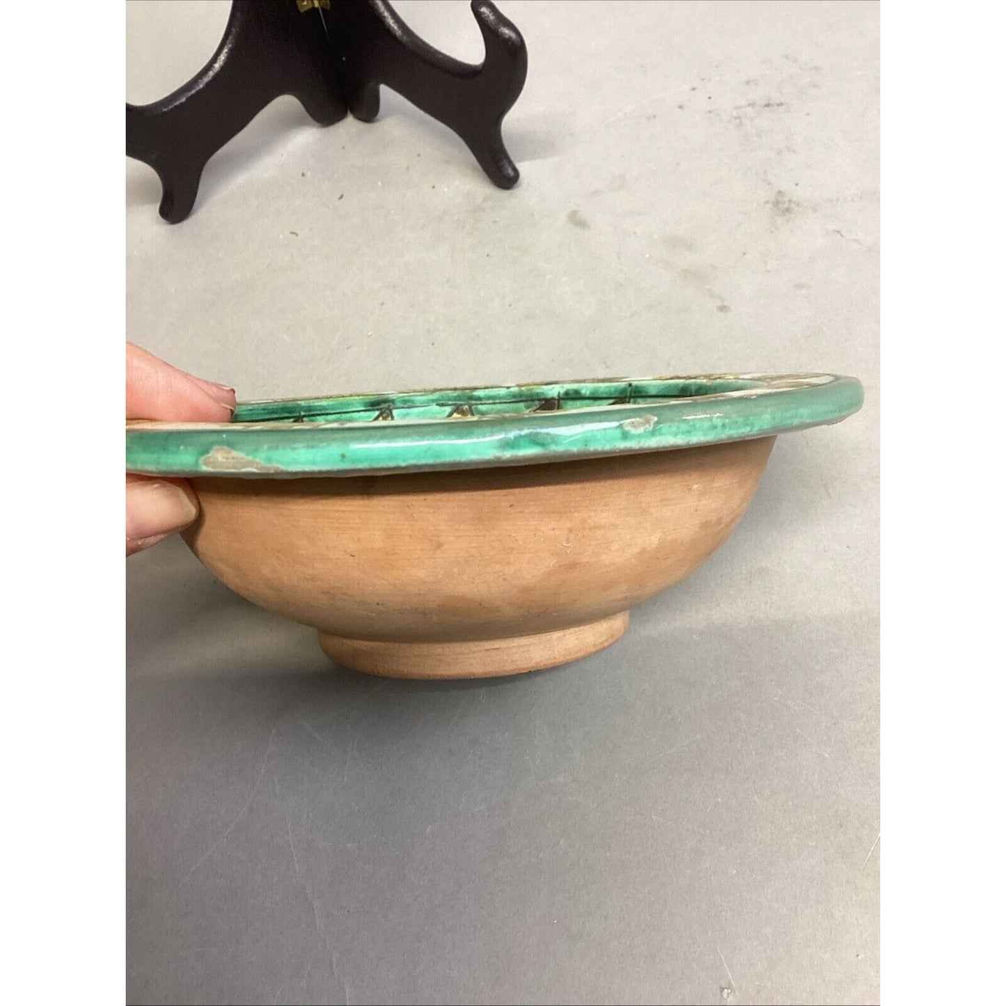 Handmade Green & Yellow Pottery Bowl - 2”Hx7”D