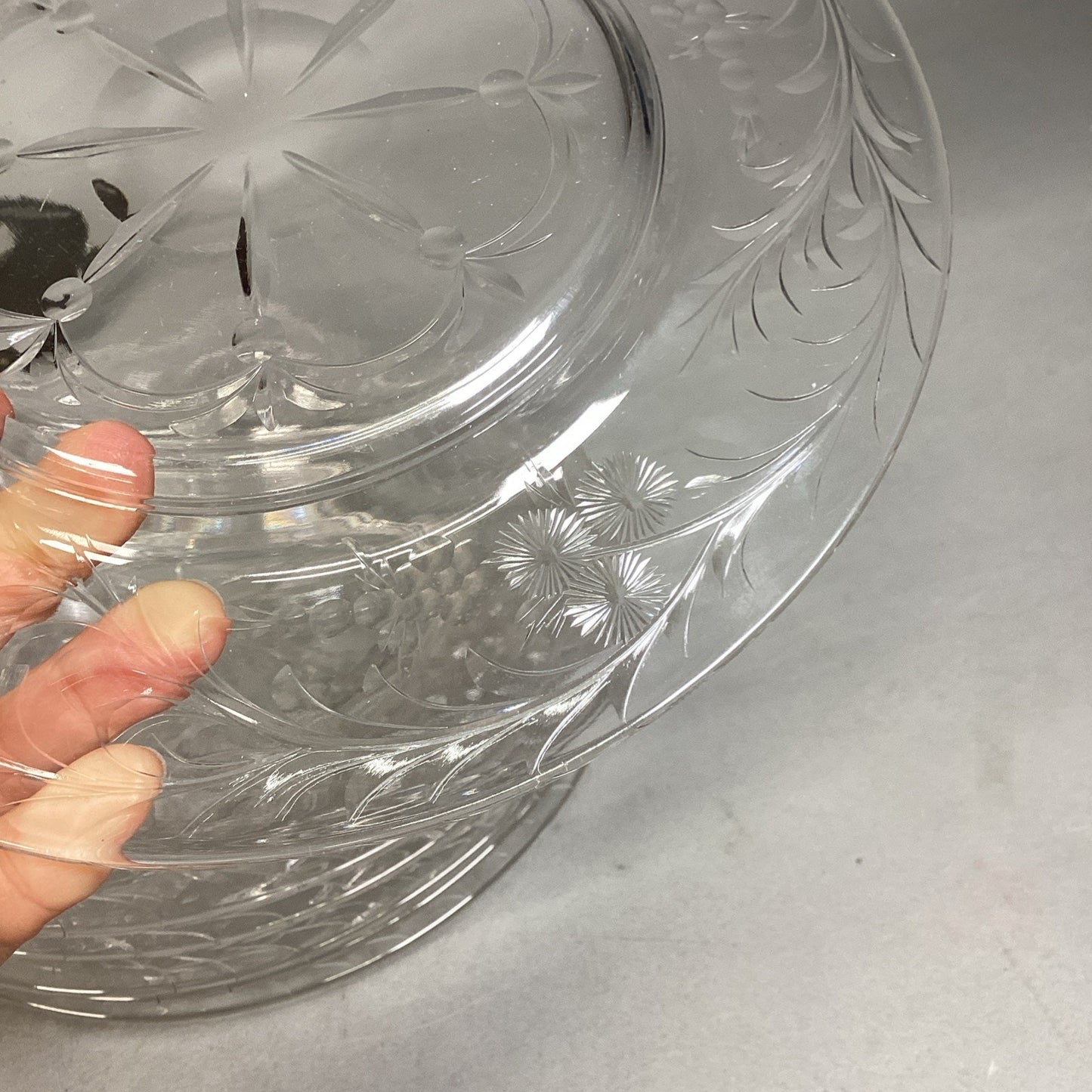 Set Of 11 Etched Cut Glass Luncheon Dessert Plates 9”D