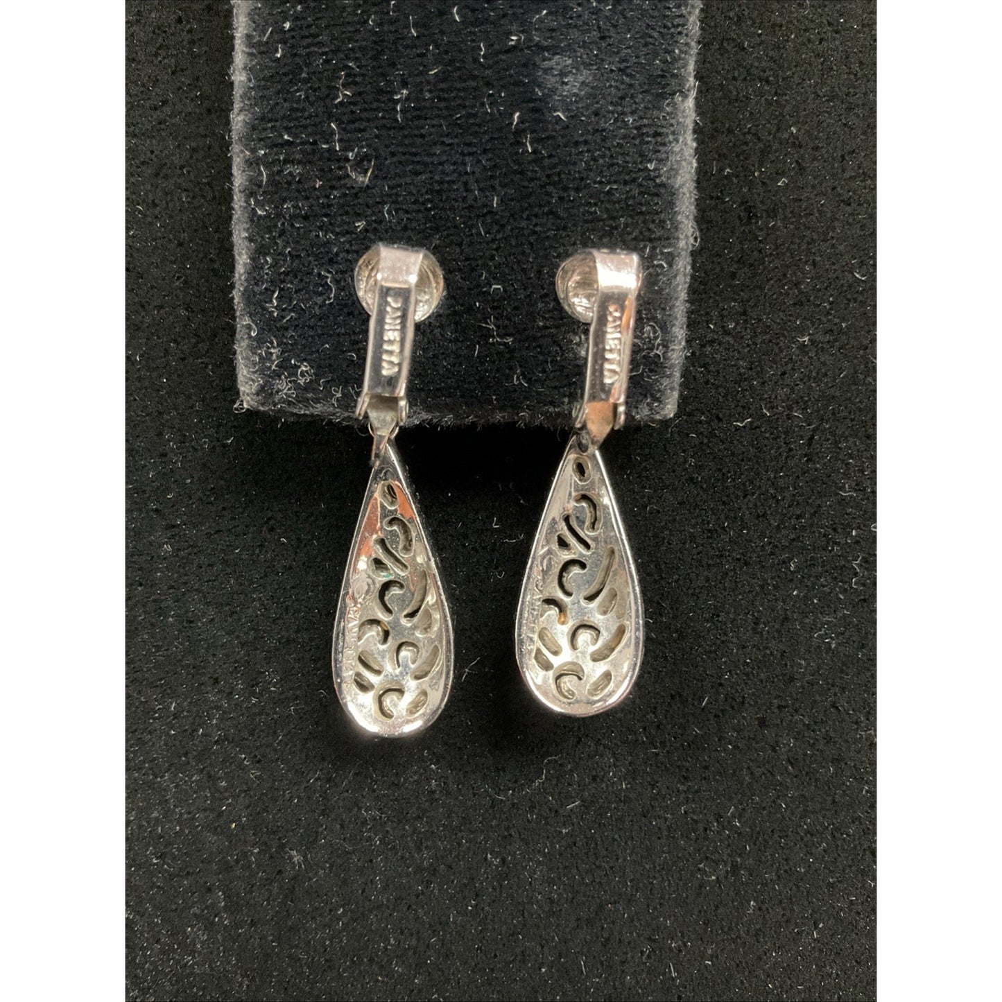 Vintage Panetta Clip On Earrings Silver Tone Clear Rhinestone Dangle Teardrops