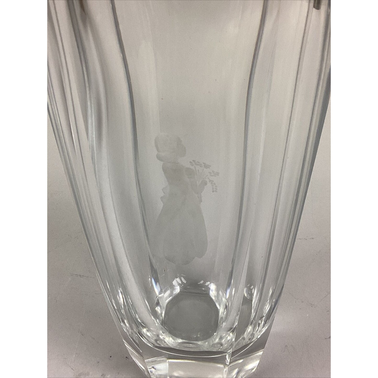 Orrefors Glass Flower Vase Featuring A Girl With Flowers Etched In Glass- 7 3/4”