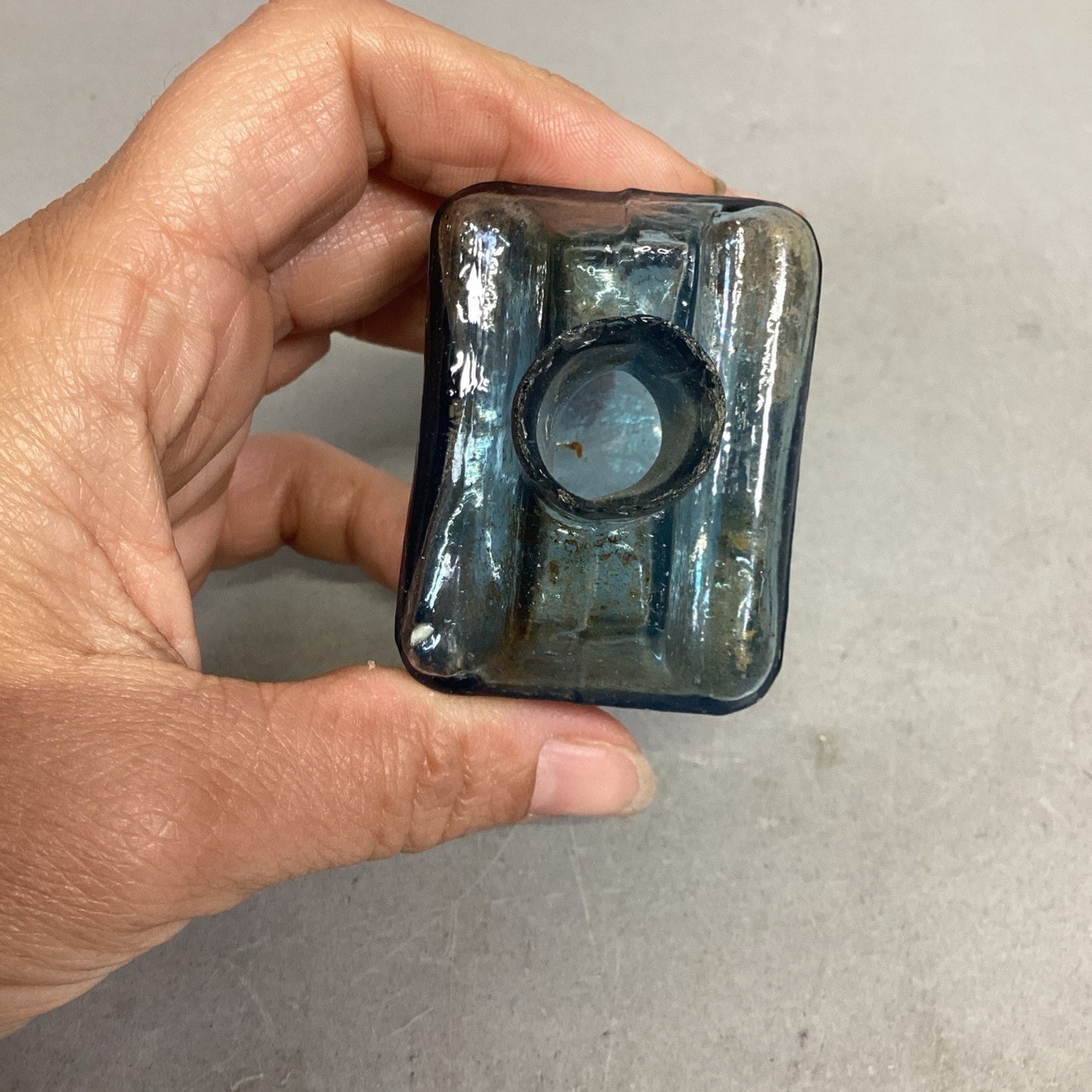 Antique Blue Burst Top Boat Glass Inkwell