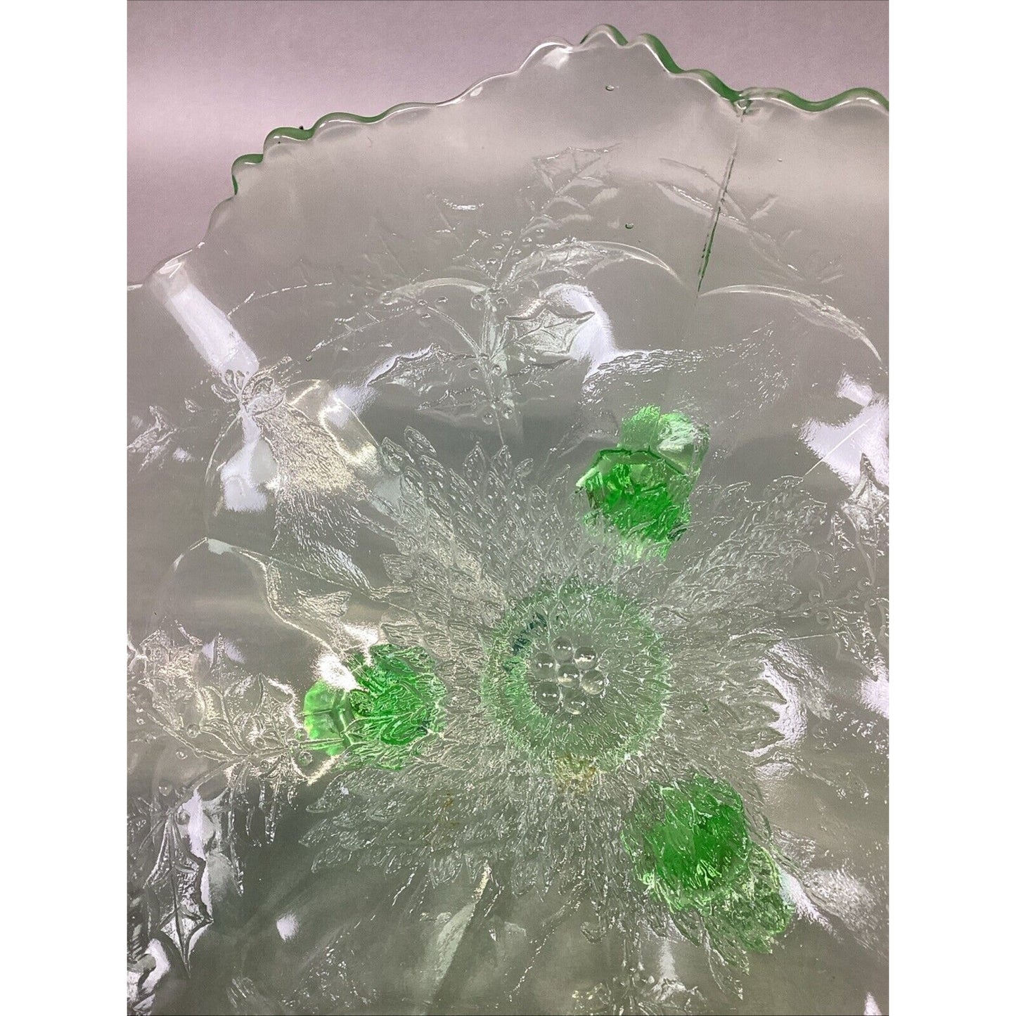 Vintage Fenton Stag and Holly Green Uranium Glass 3 Footed Bowl - 10x3.75”
