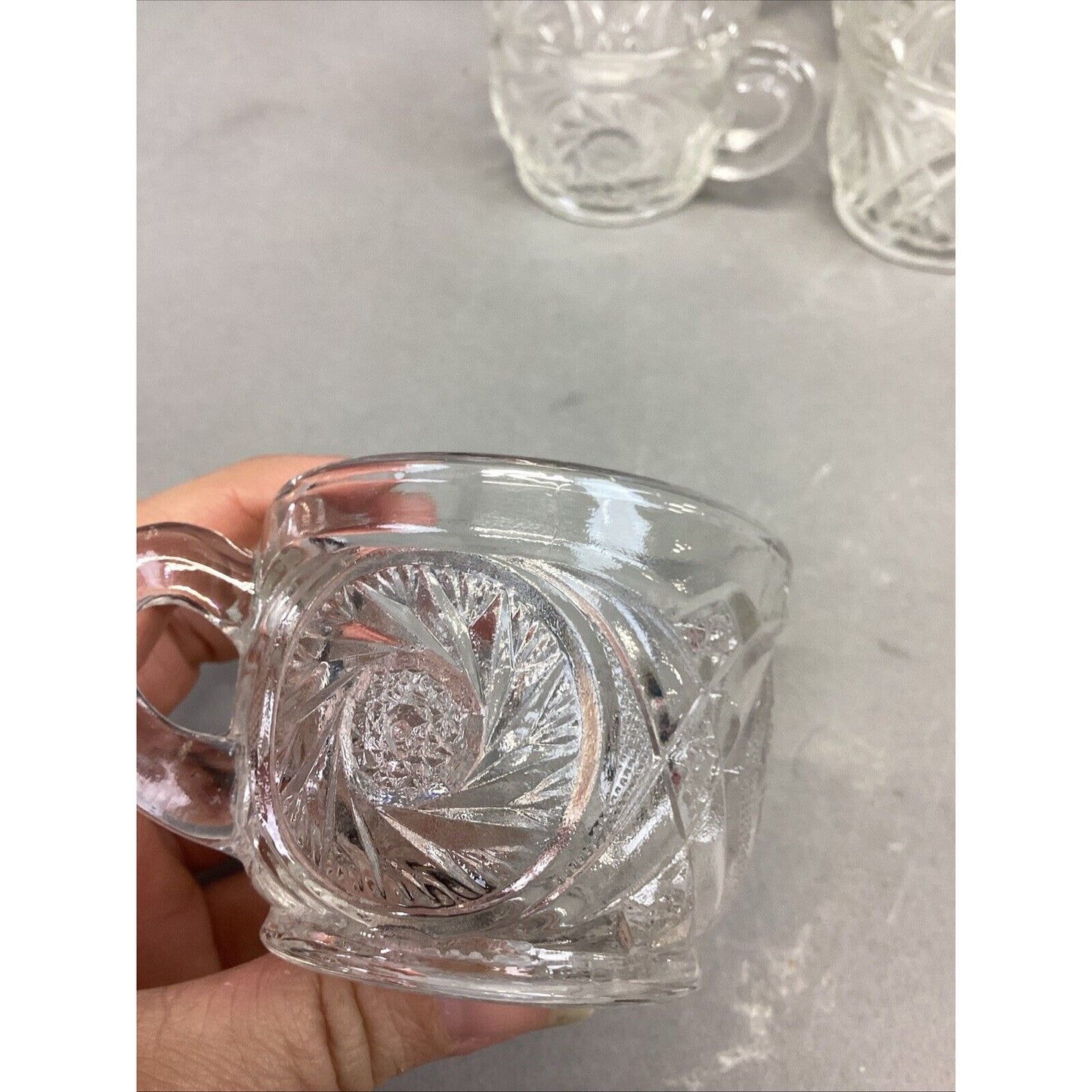 L.E. Smith Aztec Carved Crystal Glass Punch Bowl Cups - Set Of 7