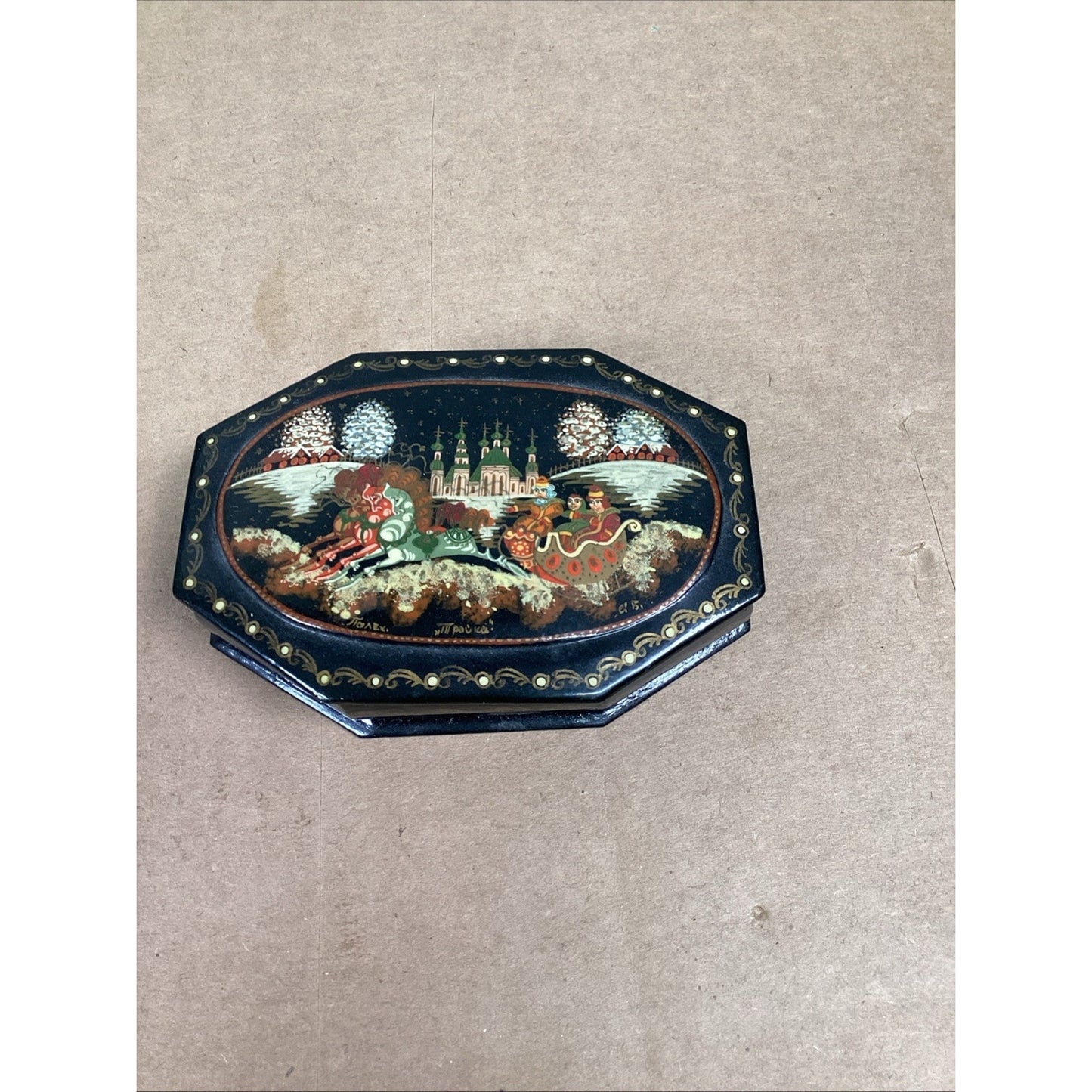 Lot of 2 Russian Wooden Lacquer Trinket Box And Tray