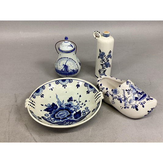 Delft Sugar Bowl, Jug, Bowl And Shoe Figurines - Made In Holland