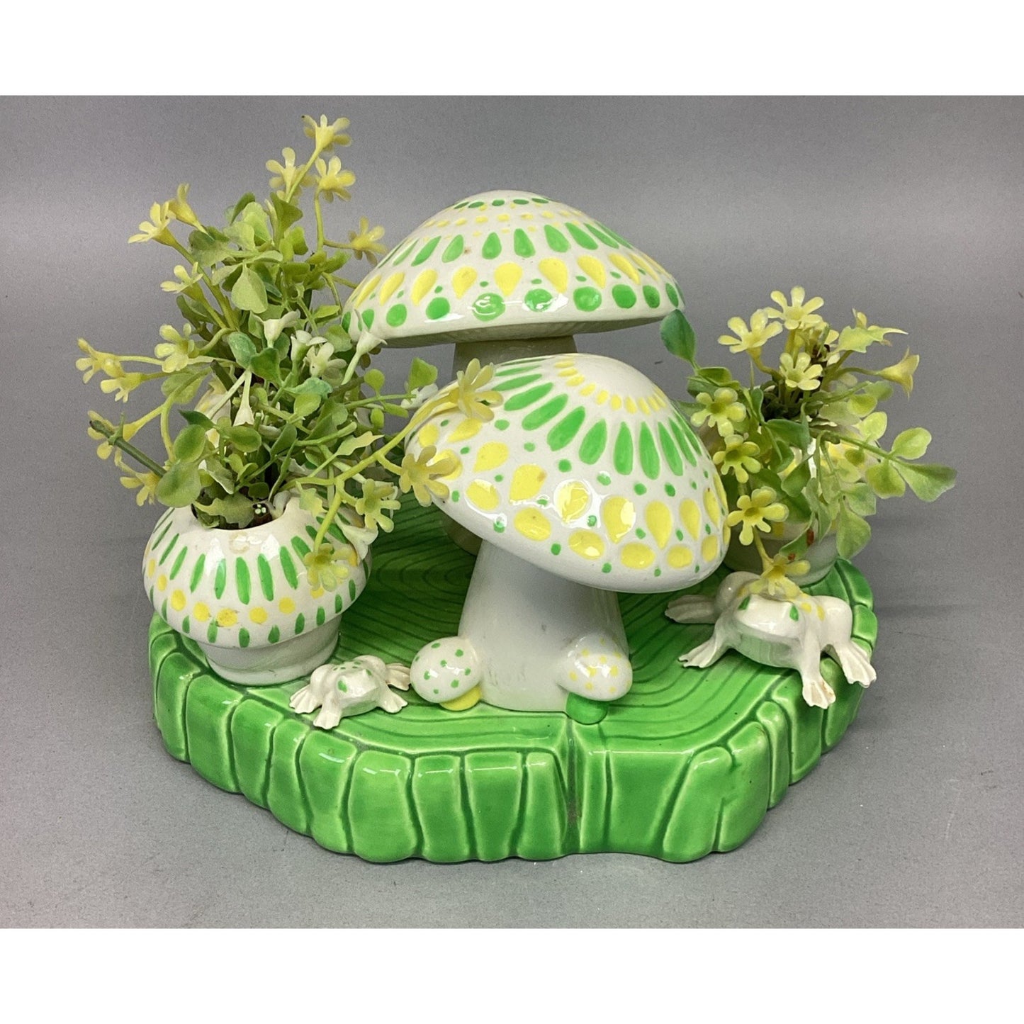 Ceramic Spring Time Statue - Frogs, Mushrooms, Plants Figurine - 6”Hx8”Lx6.5”W