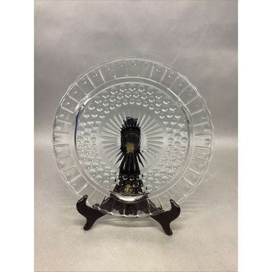 Vintage Federal Glass Cake Plate Footed Scalloped Edge Sunburst Bubble 11.25”D