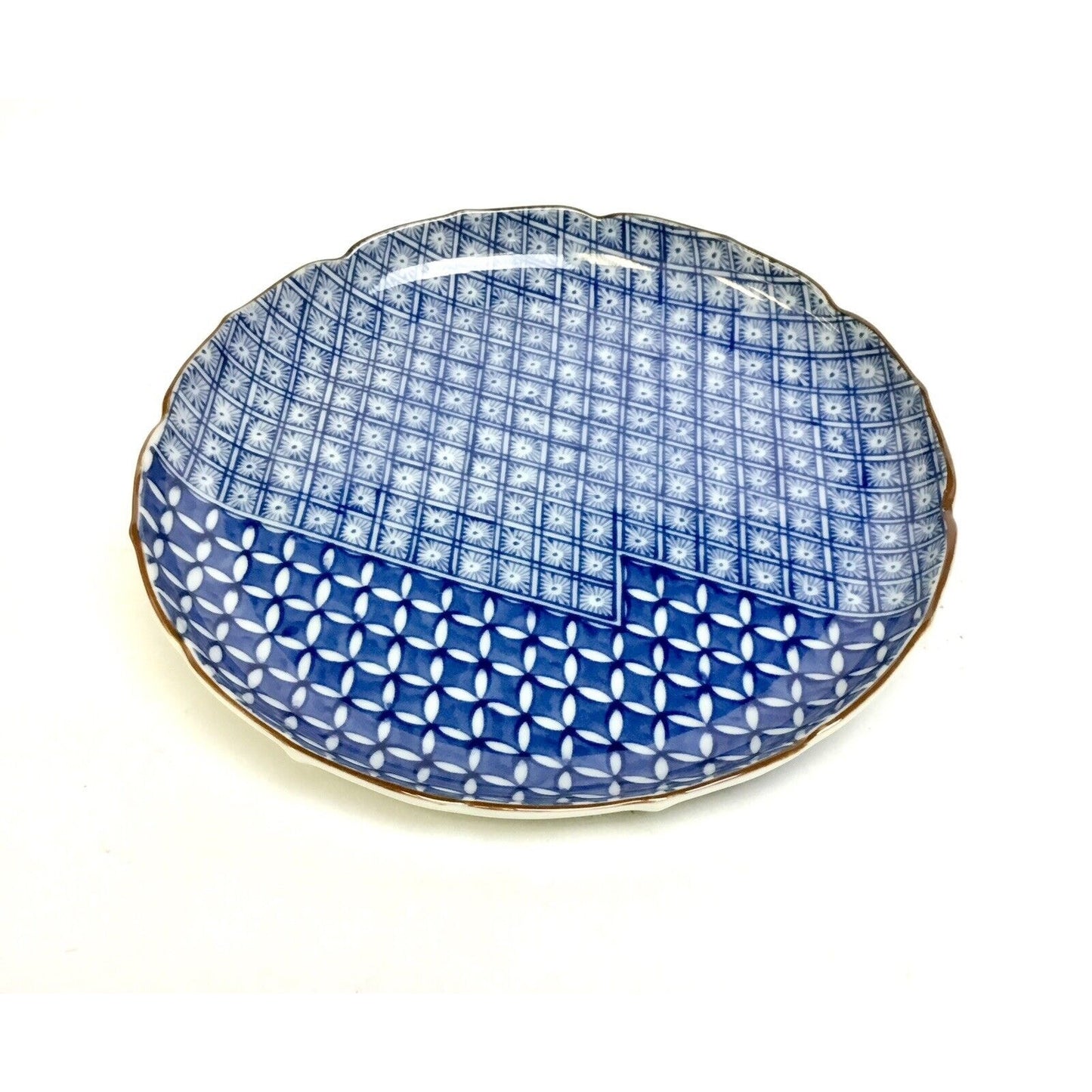 Vintage Kozan Gama Kiln Blue White Brown Rim Porcelain Plate Bowls