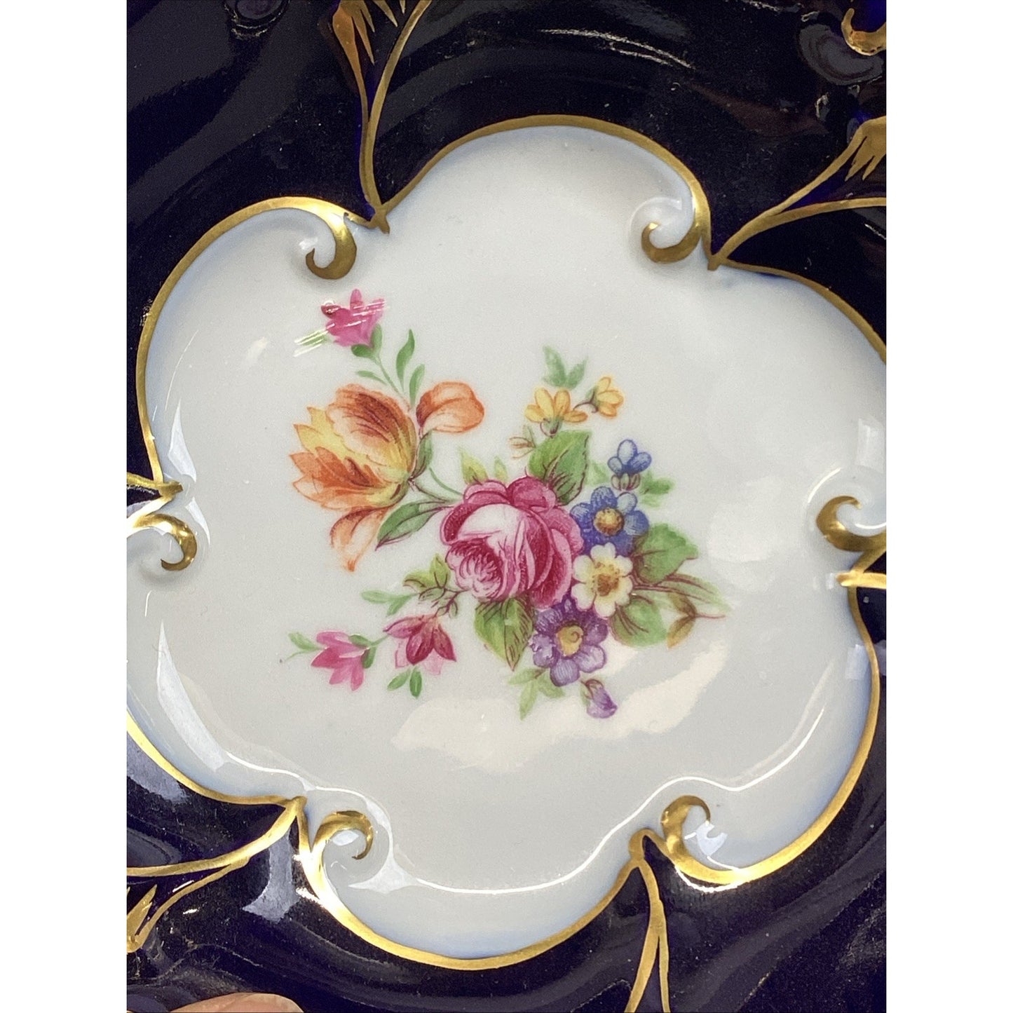 VINTAGE JLMENAU GRAF VON HENNEBERG ECHT COBALT PORCELAIN DISH ON BRASS PEDESTAL