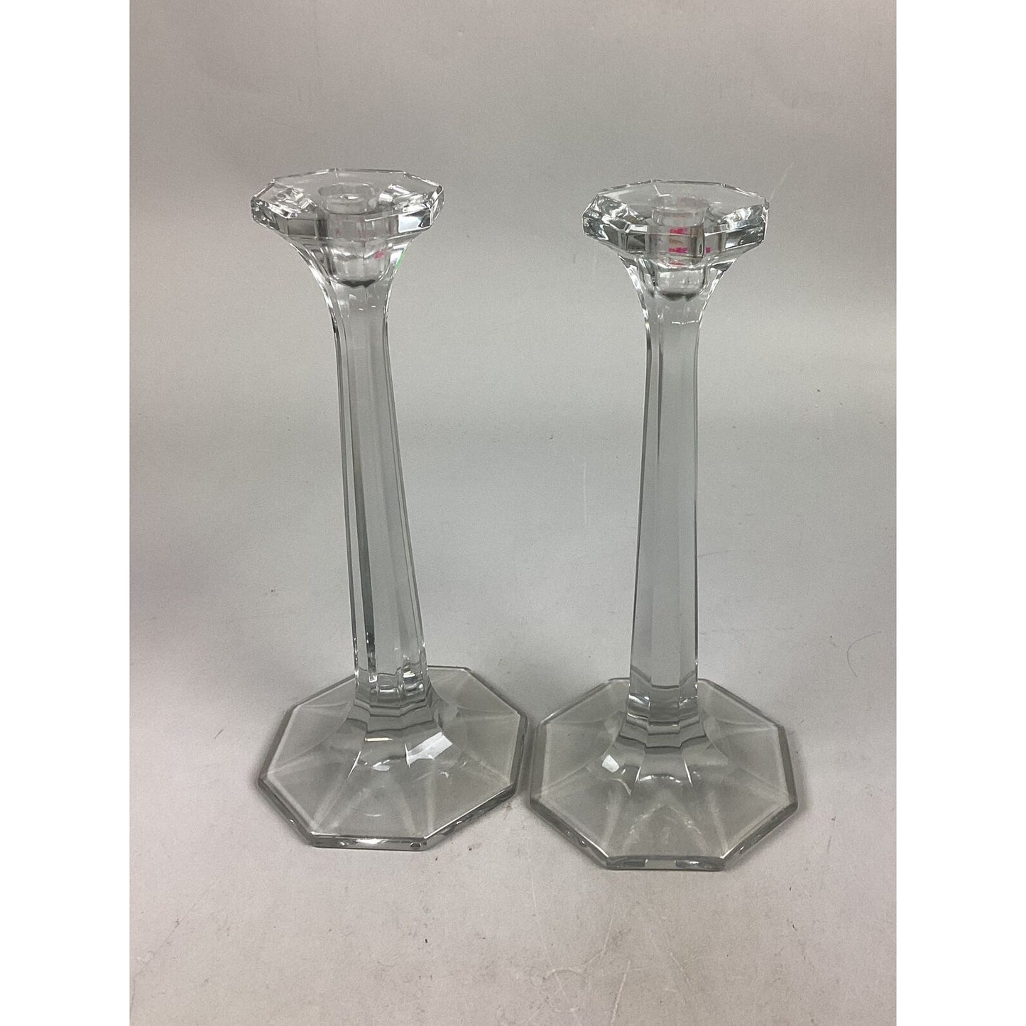 2 Large Clear Glass Vases With Octagonal Bases - 11.25”H