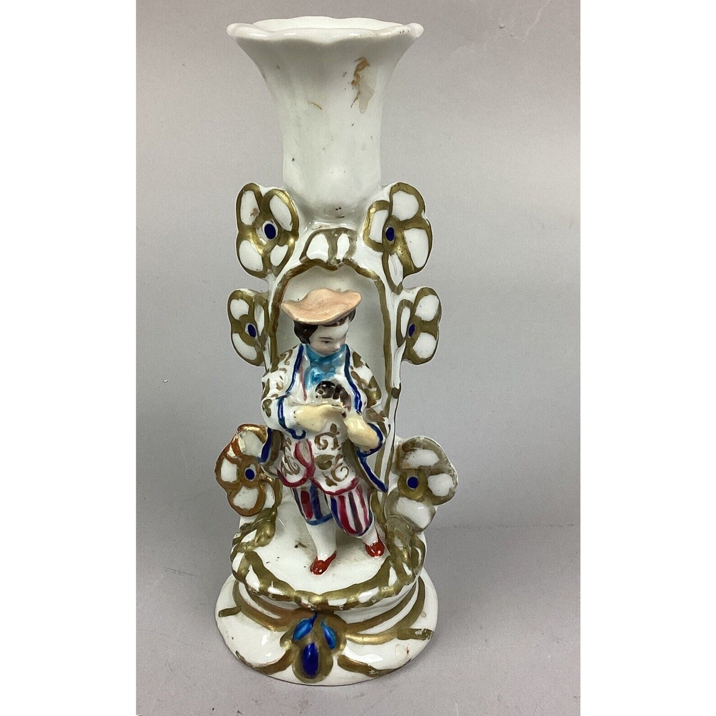 Antique Asian Chinese Porcelain Hand Painted Gold Gilt Figural Candlesticks 7.5”