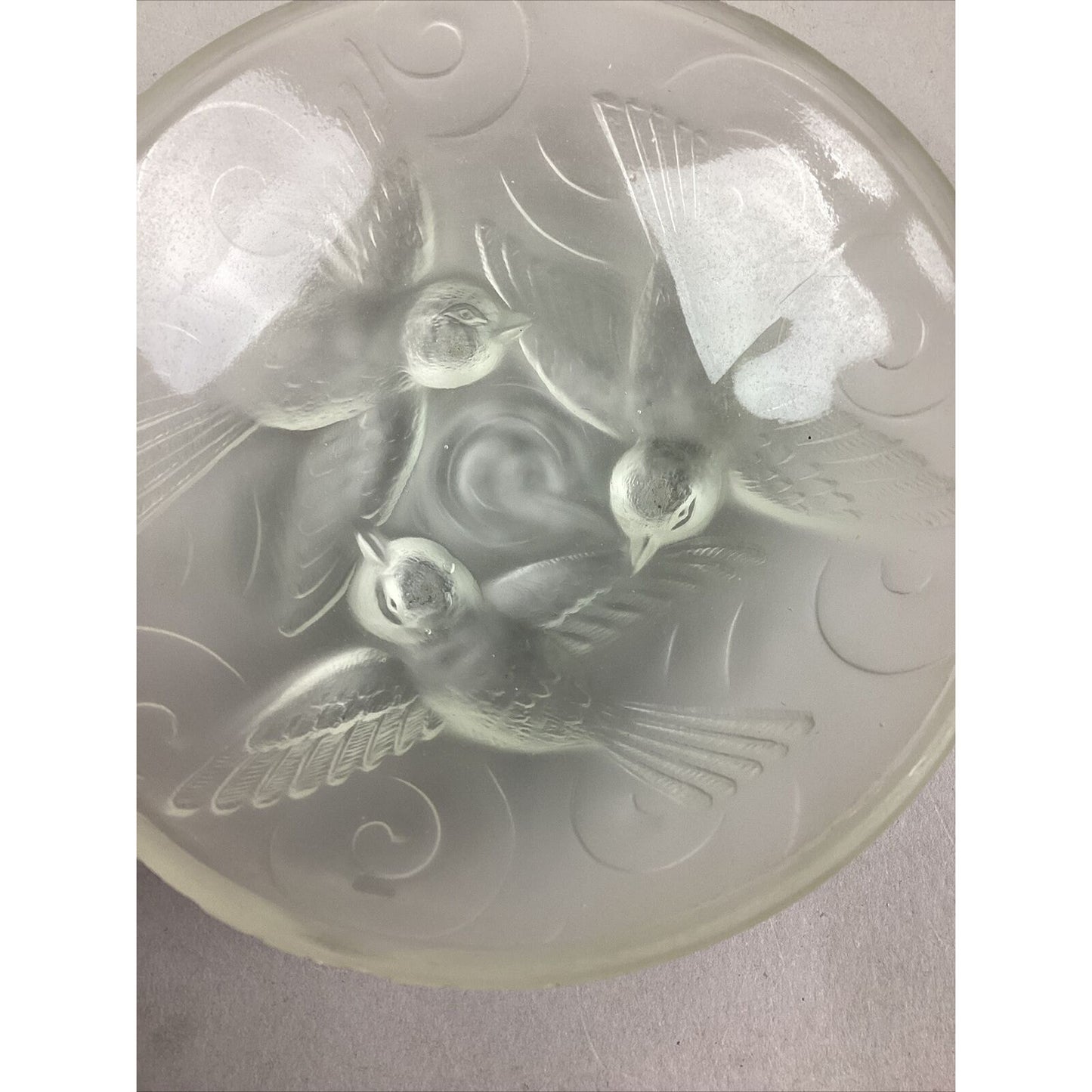 Vintage Czech Frosted Crystal Glass Flying Birds Trinket Dish - 4”