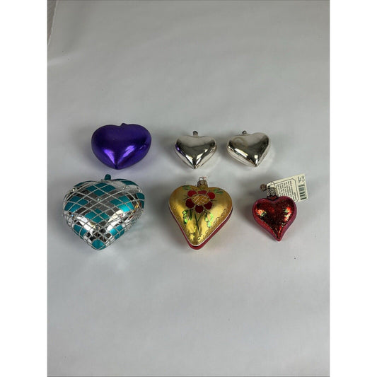 Lot Of 6 heart Shaped 2 Sided Glass Christmas Ornaments Purple Silver Red Floral