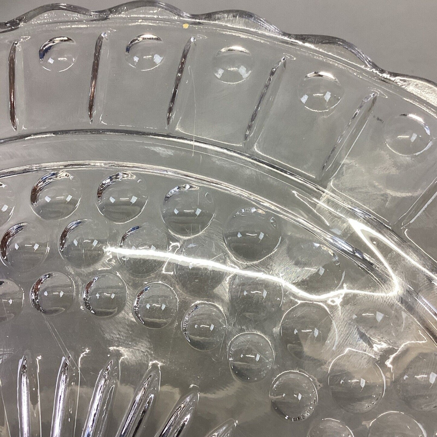 Vintage Federal Glass Cake Plate Footed Scalloped Edge Sunburst Bubble 11.25”D