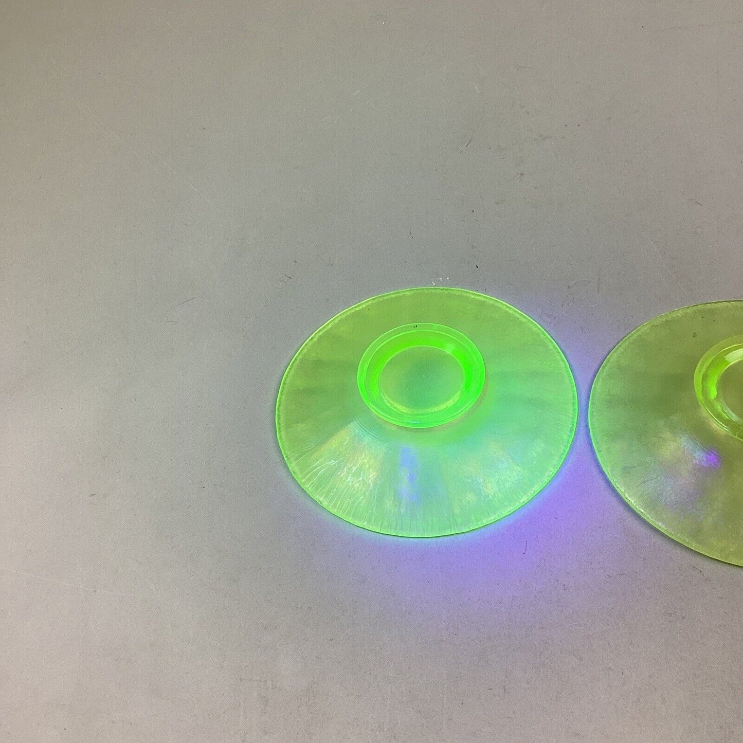 Set Of 2 Iridescent Uranium Glass Plate/Saucer Yellow Green Glows - 6.25”
