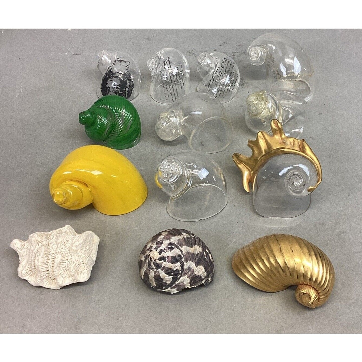 Lot Of 10 Glass Snail Shell Figurines, 1 Natural Snail Shell, 1 Fossil/1 Gold Sh