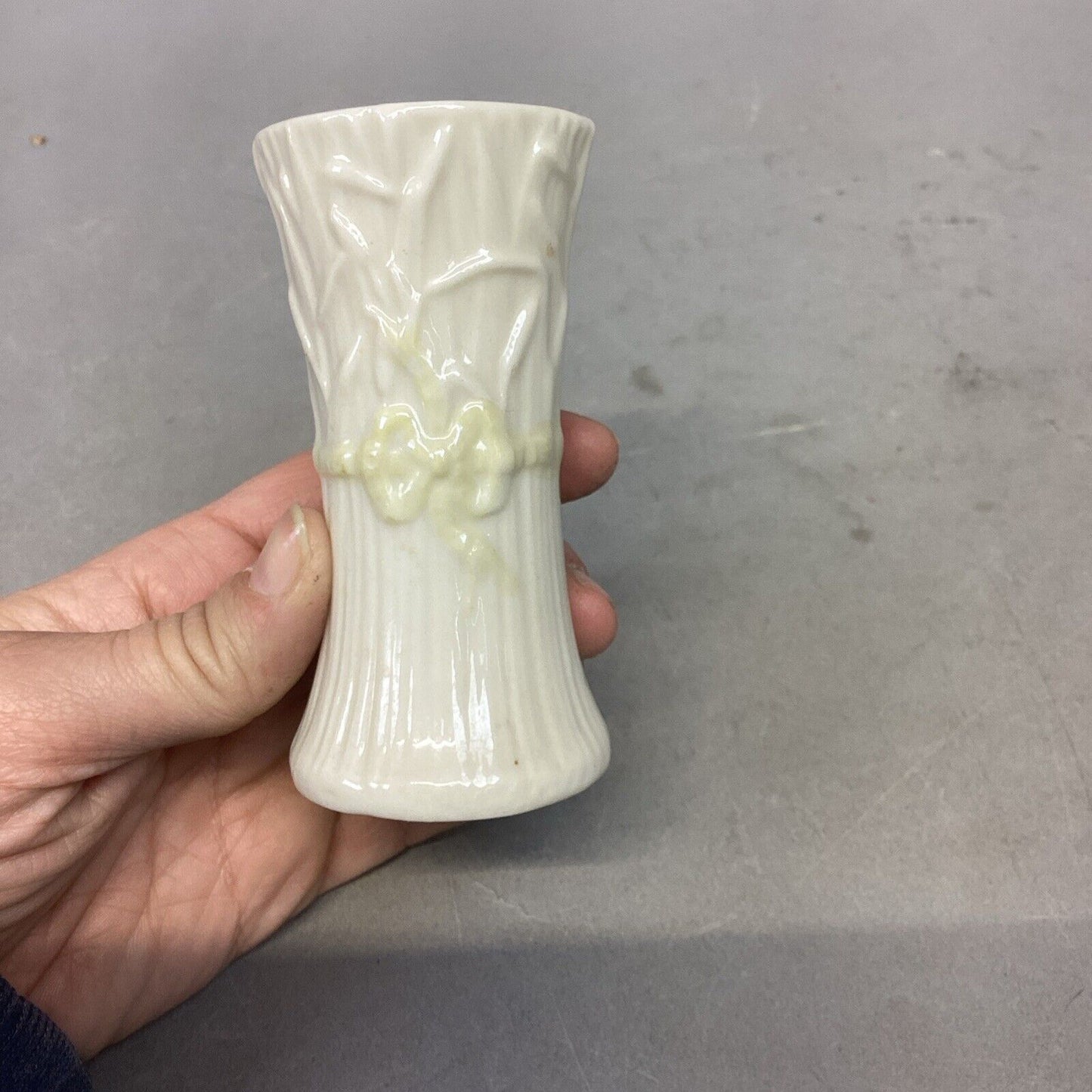 Belleek Yellow Ribbon Bud Vase, Cup/Saucer And Heart Candy Dish