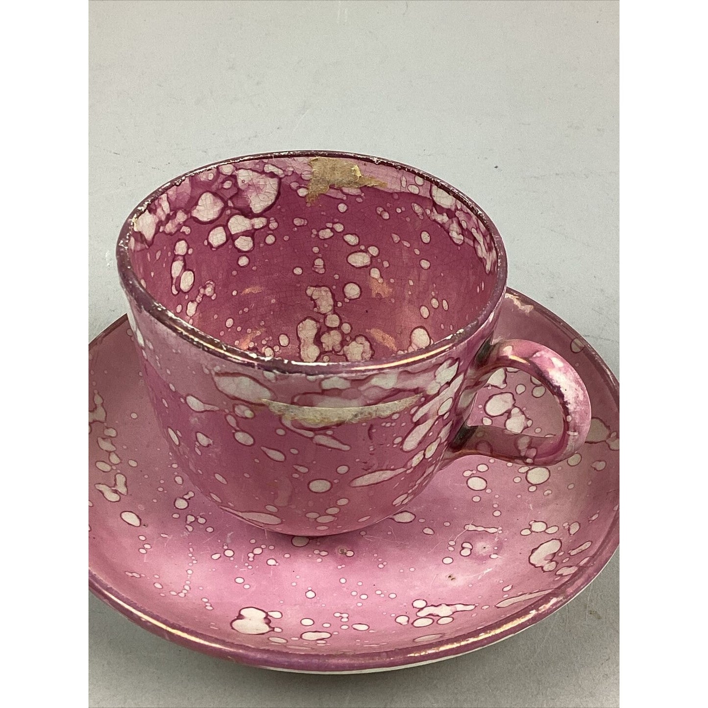 Antique Rare 1800’s Pink Staffordshire Oil Splash Luster Teacup Saucer Set