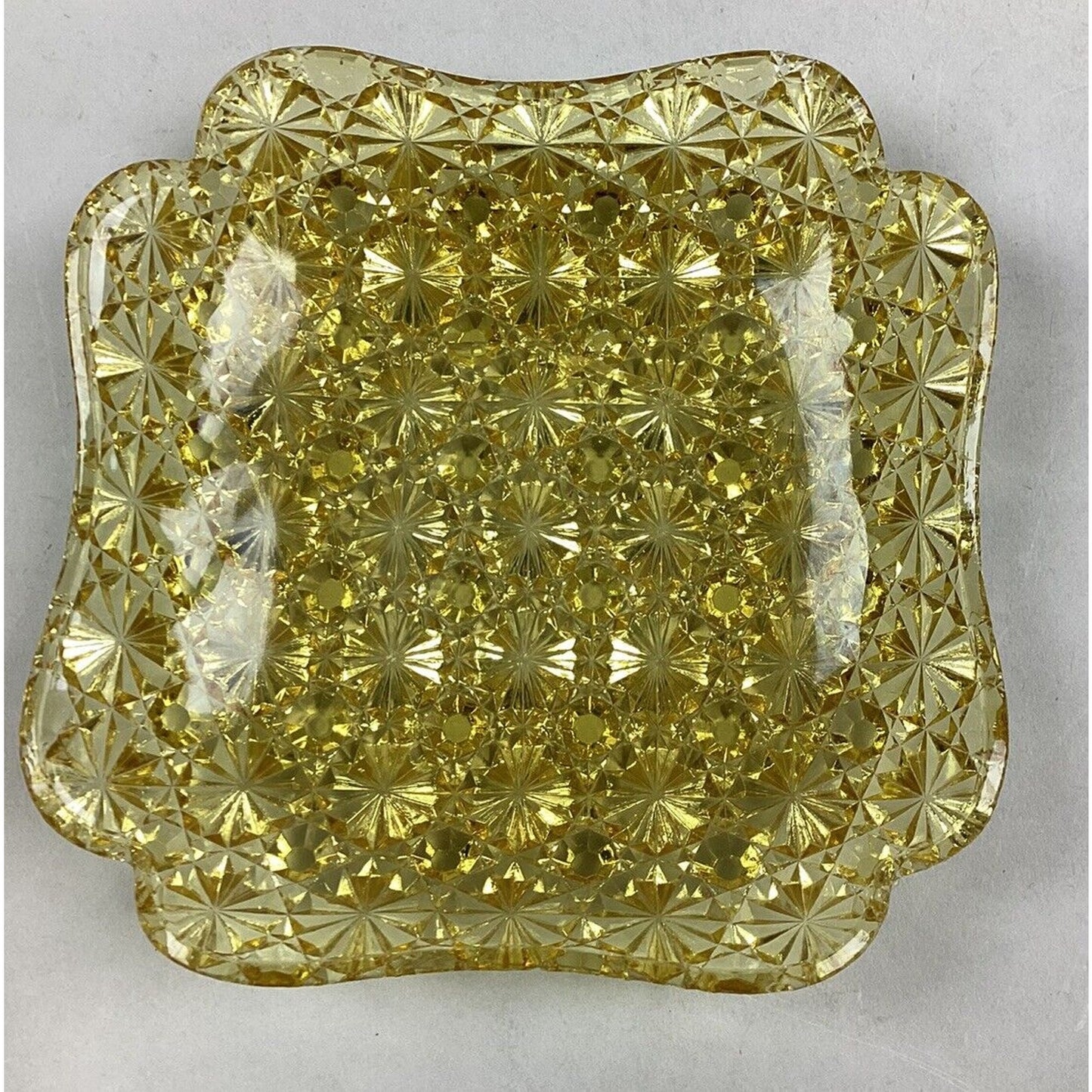 Amber Gold Star Cut Glass Serving Dish & 6 Curved Dessert Bowls/Plates