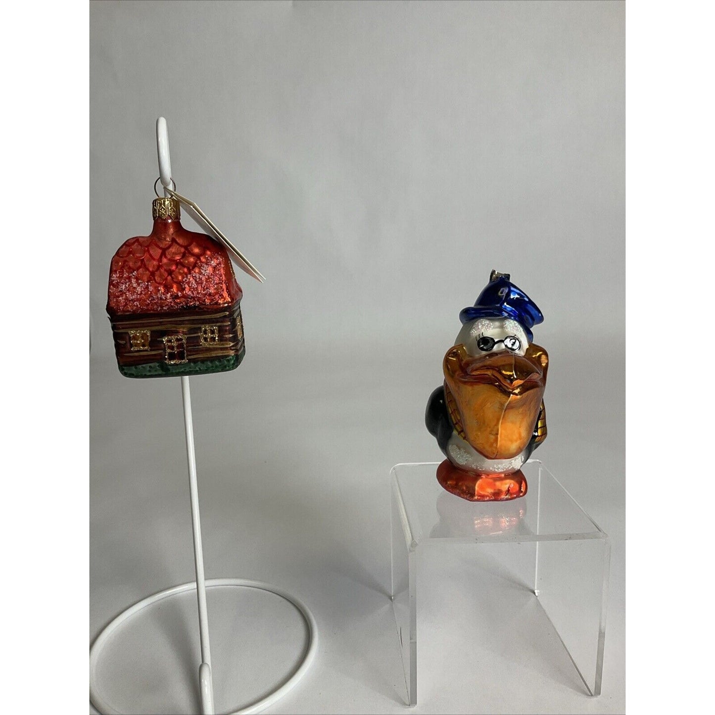 Christopher Radko Tropical Pelican Pete + Christmas Cabin Ornament / Damaged