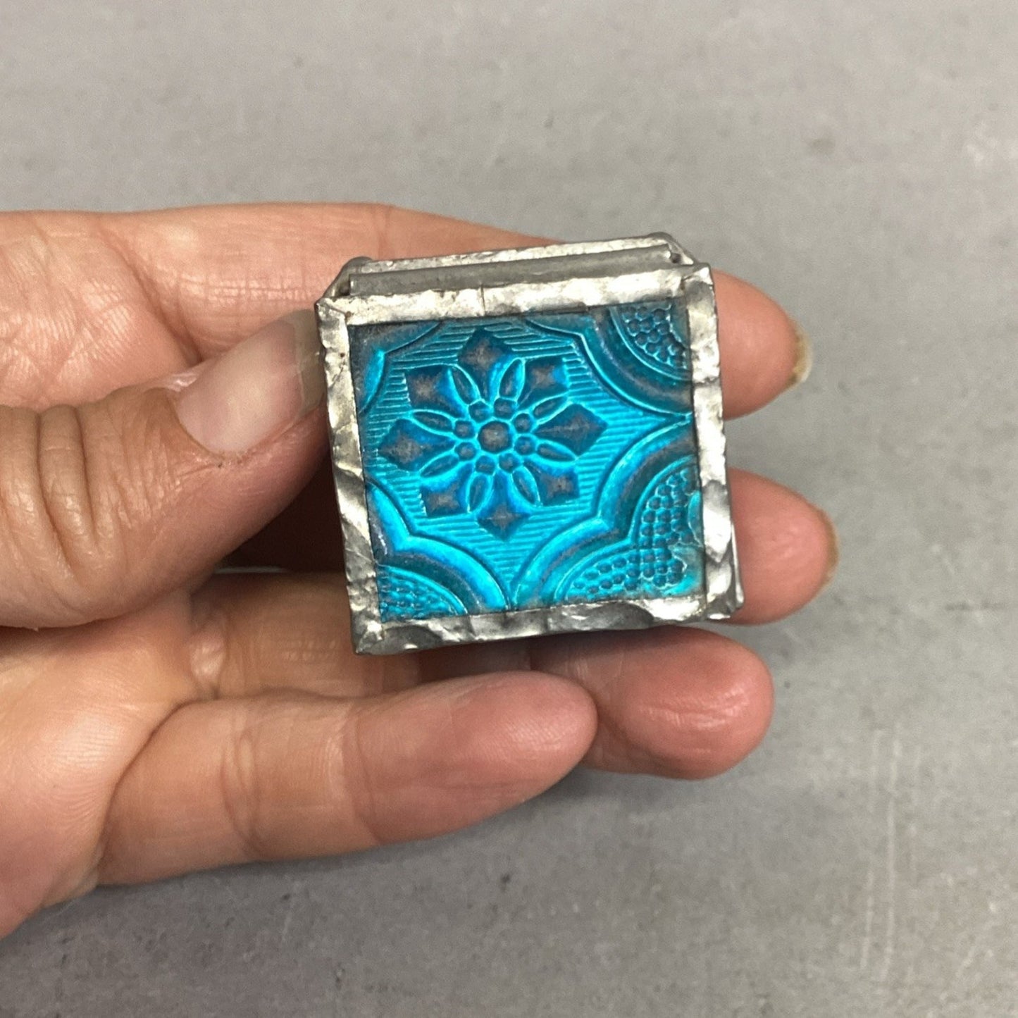 Vintage Handmade Blue Floral Stained Glass Trinket Box - 1.25”D - Indonesia