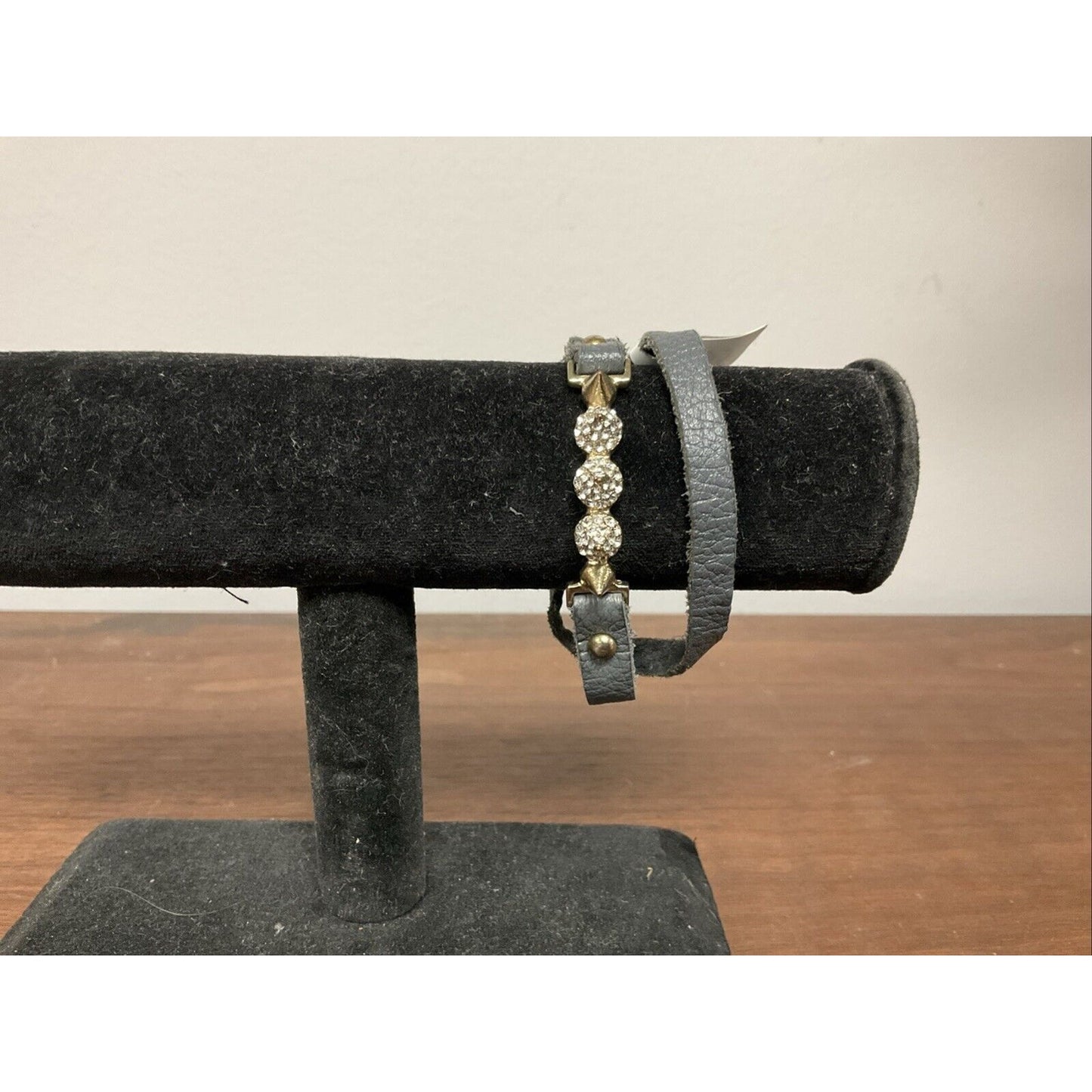 Grey Leather Wrap Bracelet With Gold Spikes 15”