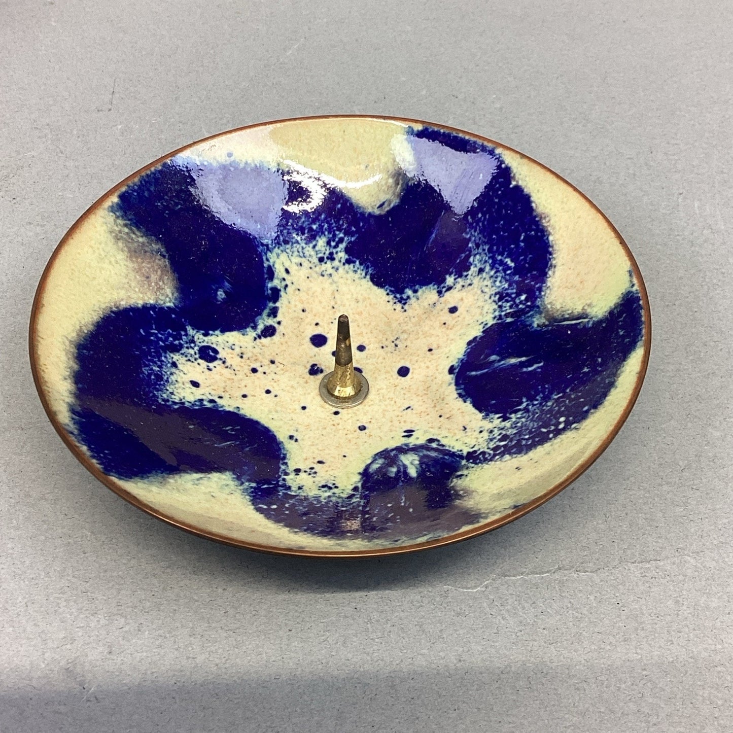 Vintage MCM Copper Enameled Dish & 2 Candle Holders By E. Krage - Norway