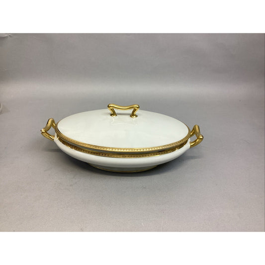 Limoges Elite White W/ Gold Encrusted Oval Covered Vegetable Dish French China