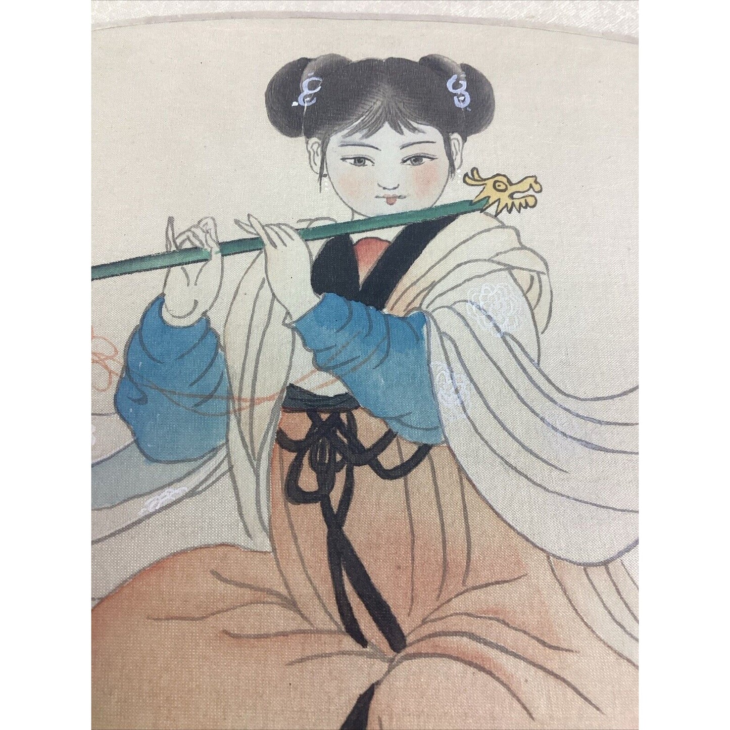 Antique Chinese Watercolor Painting On Silk - Girl Playing Flute