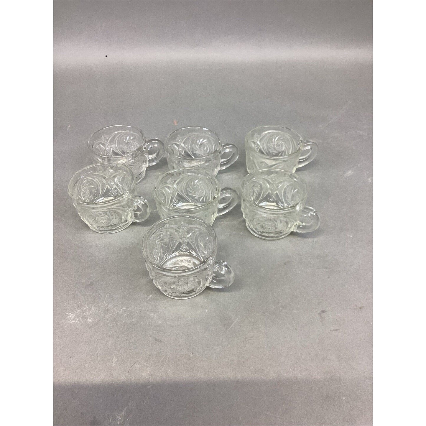 L.E. Smith Aztec Carved Crystal Glass Punch Bowl Cups - Set Of 7