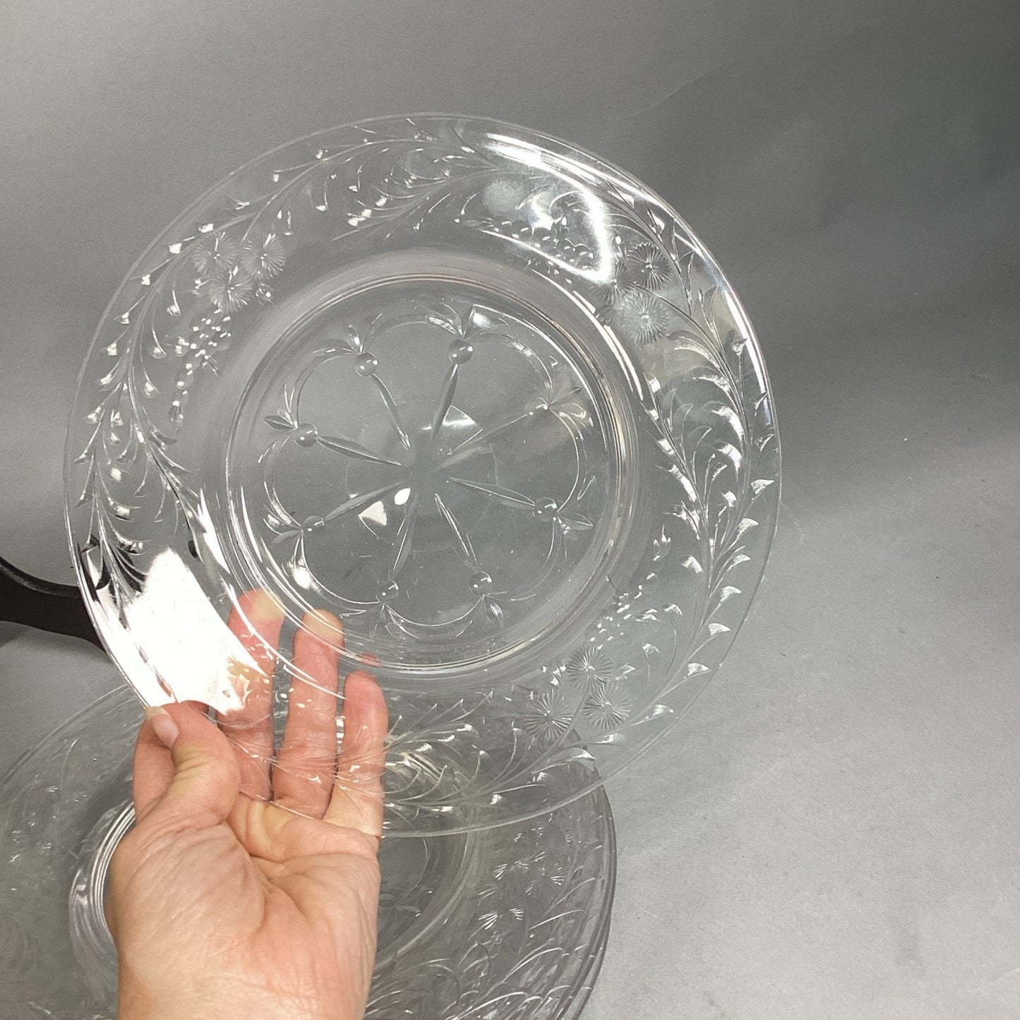 Set Of 11 Etched Cut Glass Luncheon Dessert Plates 9”D