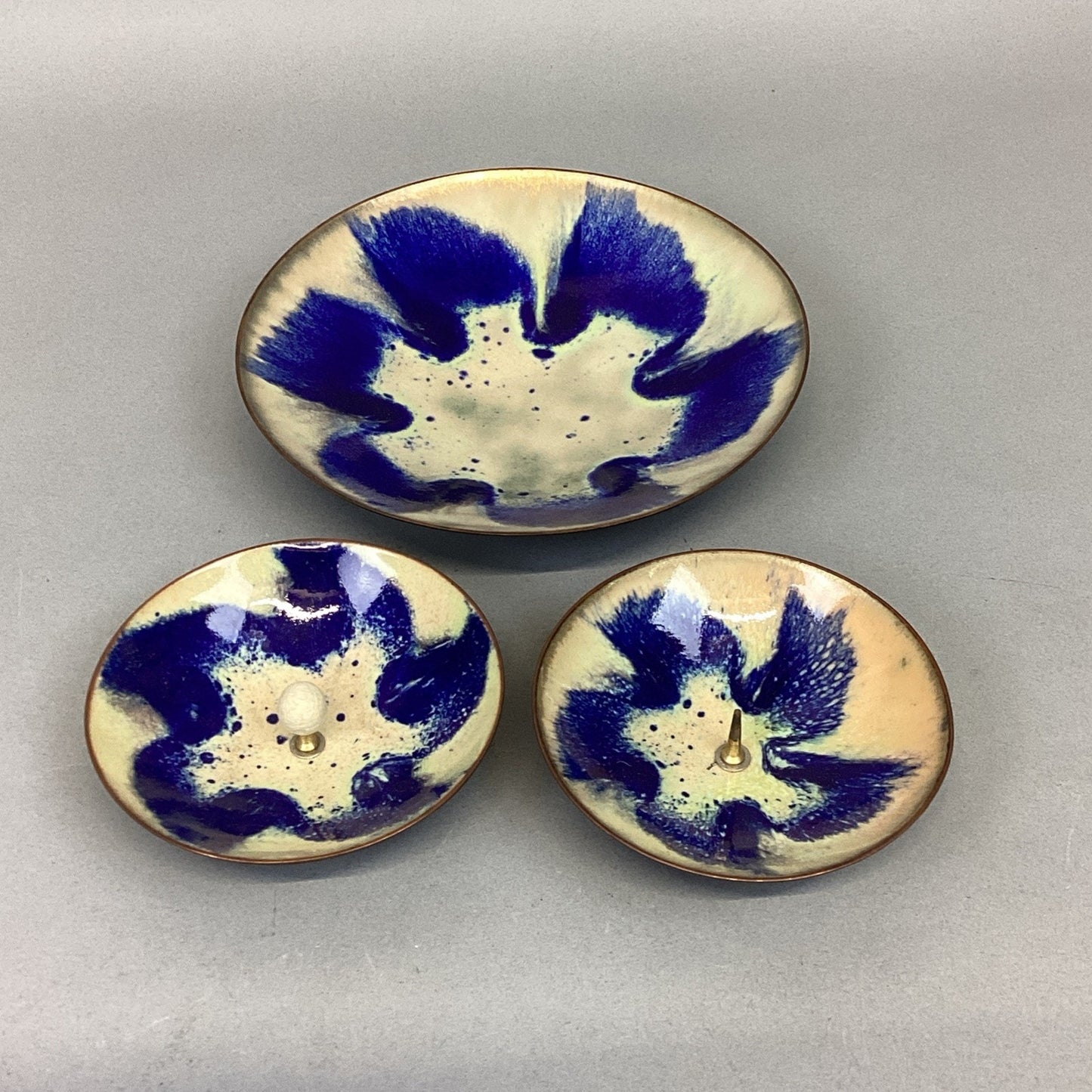 Vintage MCM Copper Enameled Dish & 2 Candle Holders By E. Krage - Norway