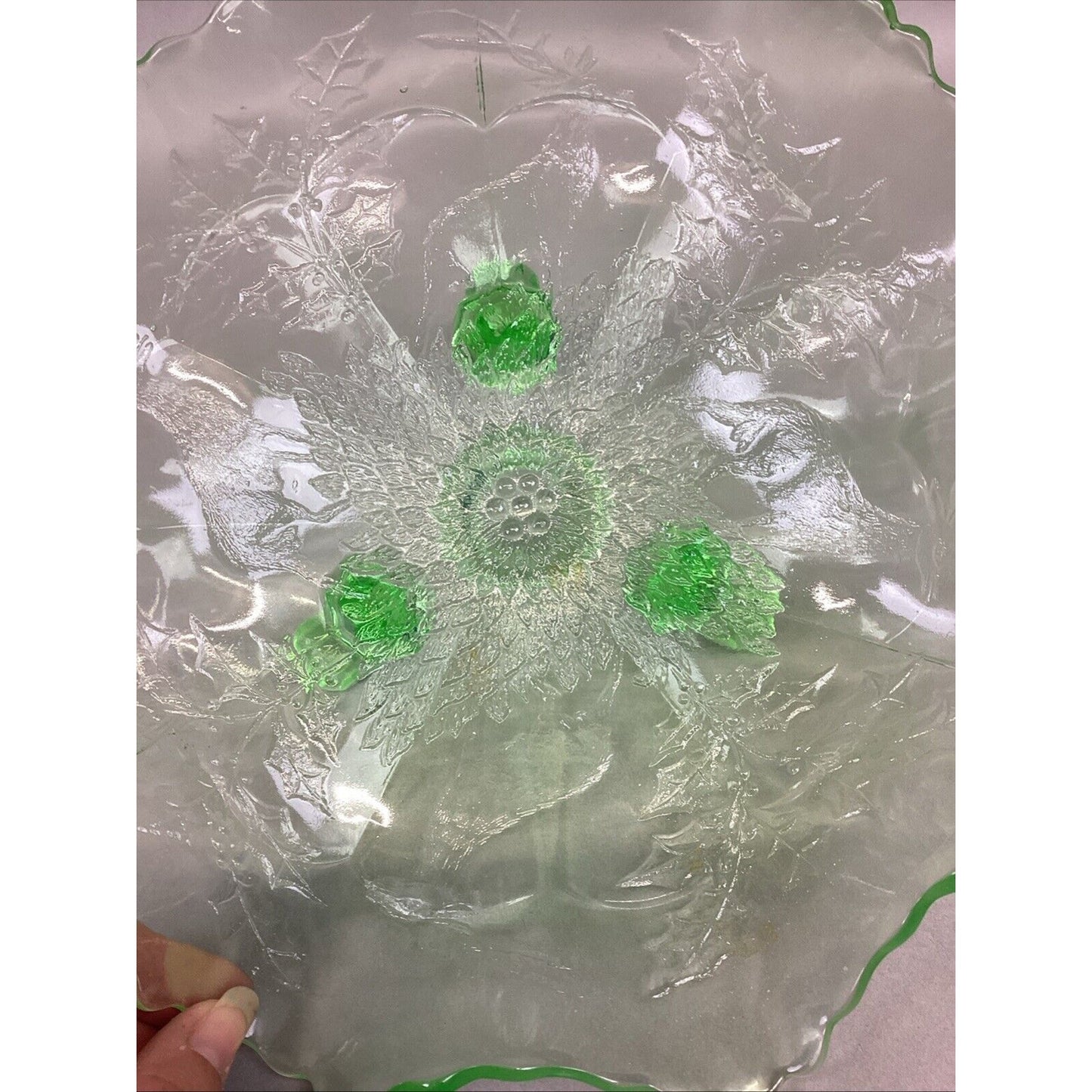 Vintage Fenton Stag and Holly Green Uranium Glass 3 Footed Bowl - 10x3.75”