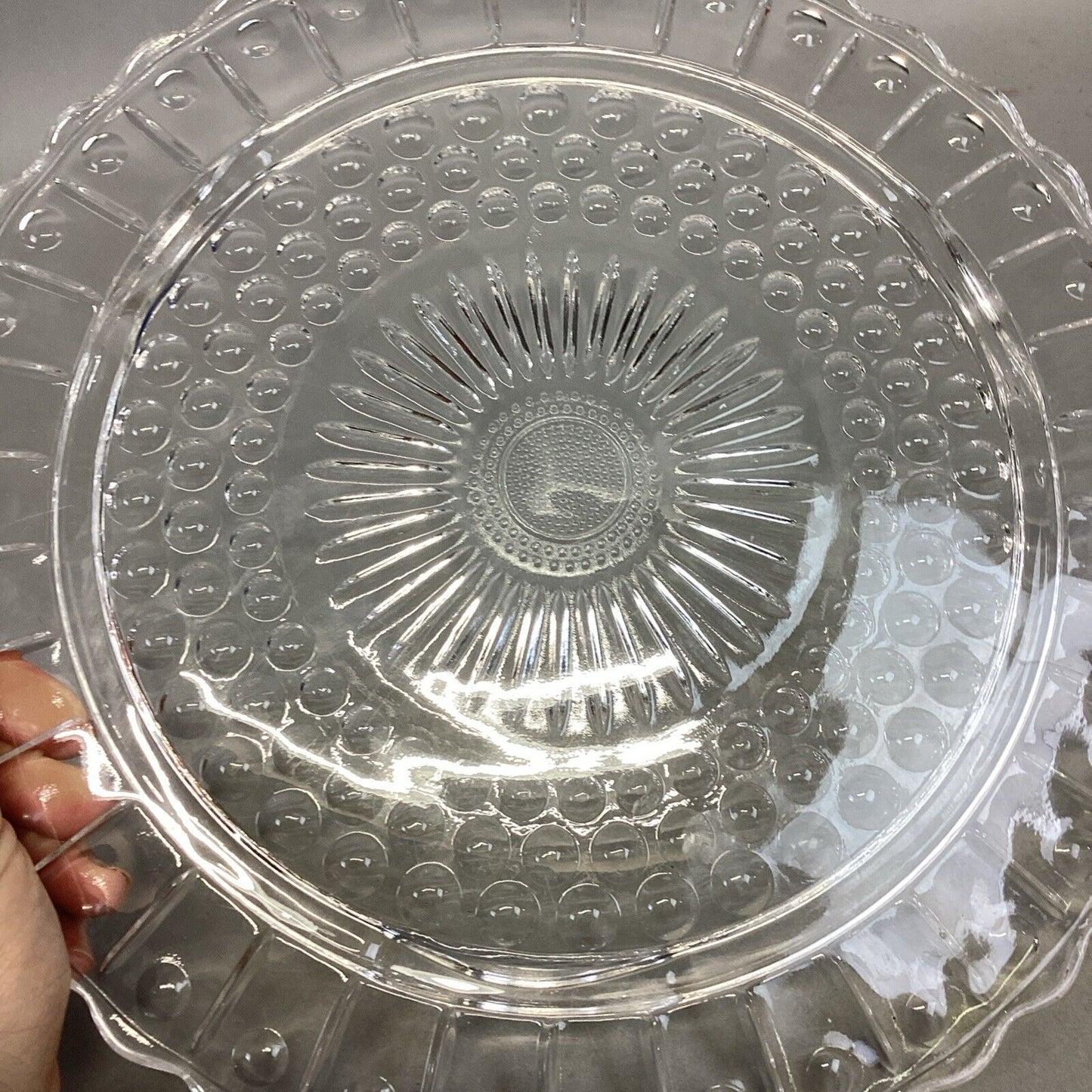 Vintage Federal Glass Cake Plate Footed Scalloped Edge Sunburst Bubble 11.25”D