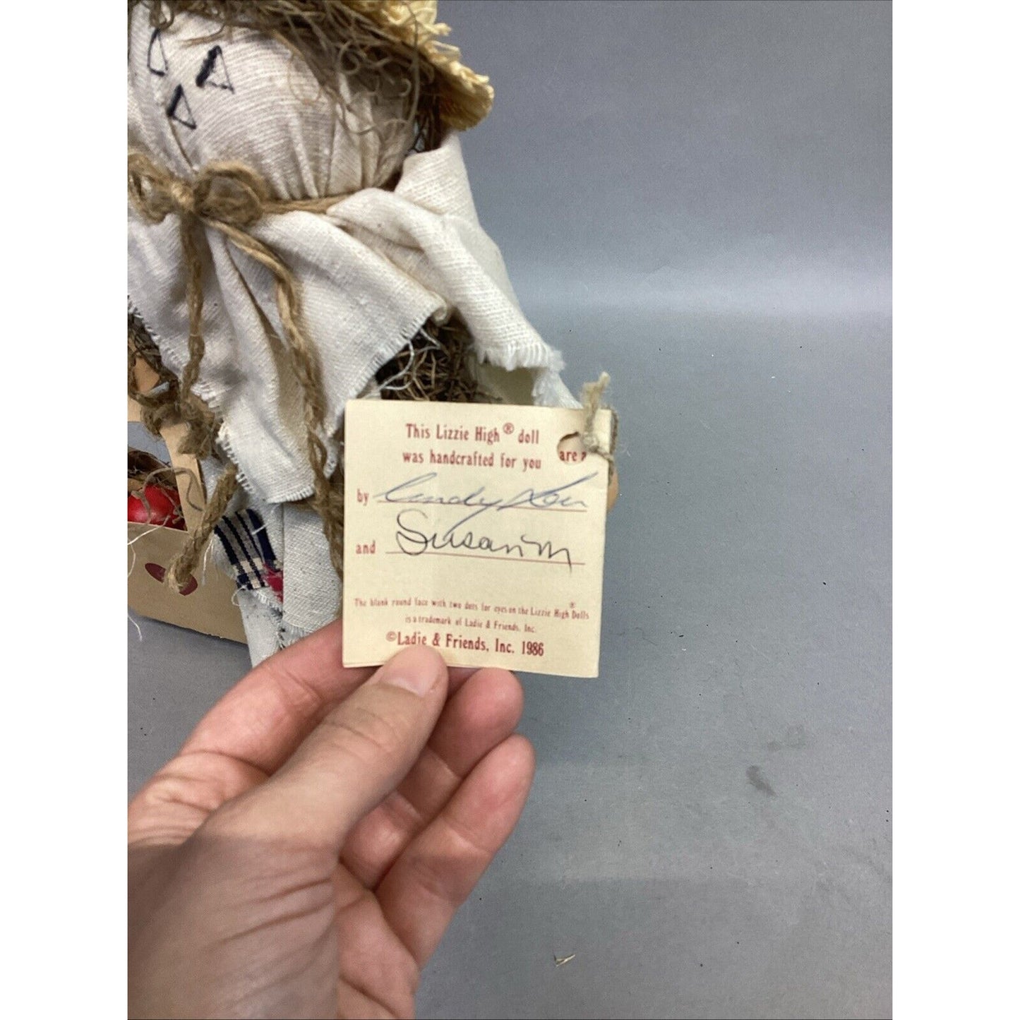 Vintage Lizzie High Scarecrow Wooden Figurine Patch Work - Signed - Fall Decor