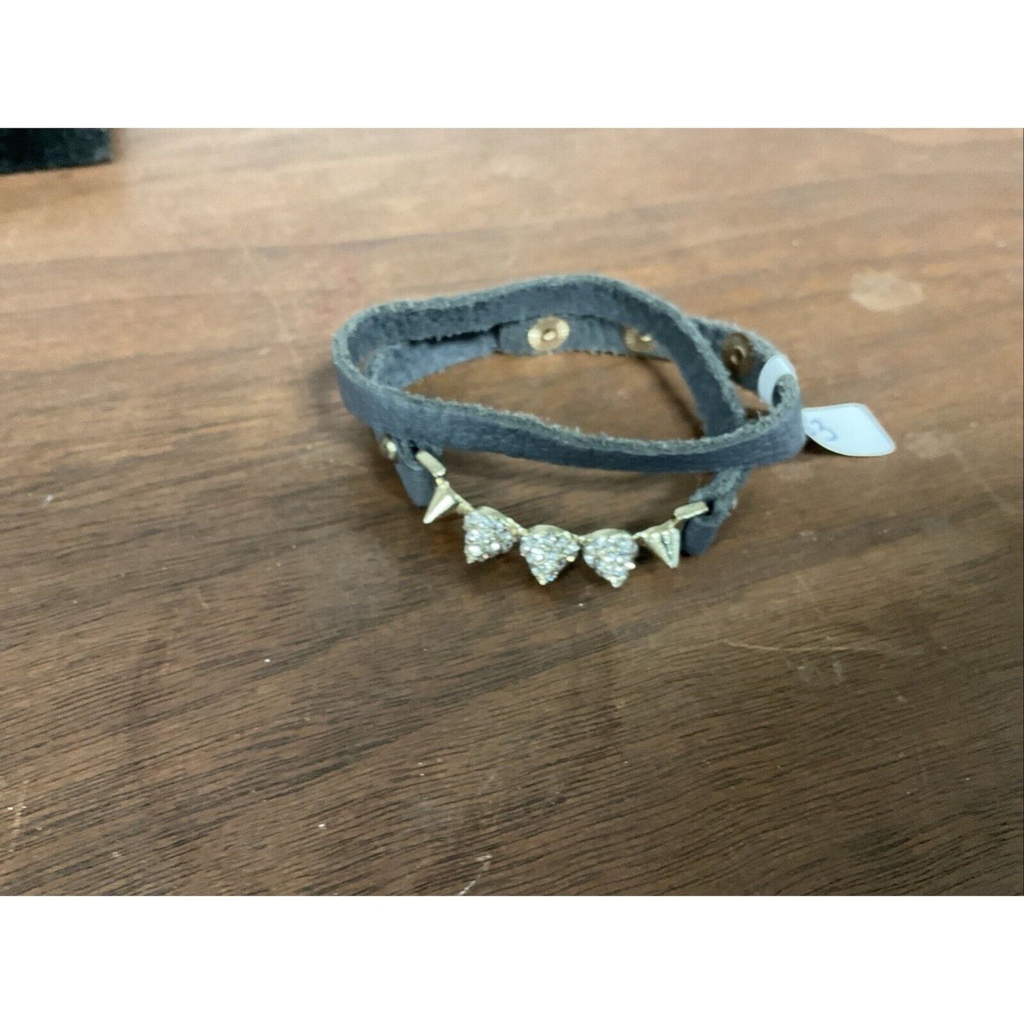 Grey Leather Wrap Bracelet With Gold Spikes 15”