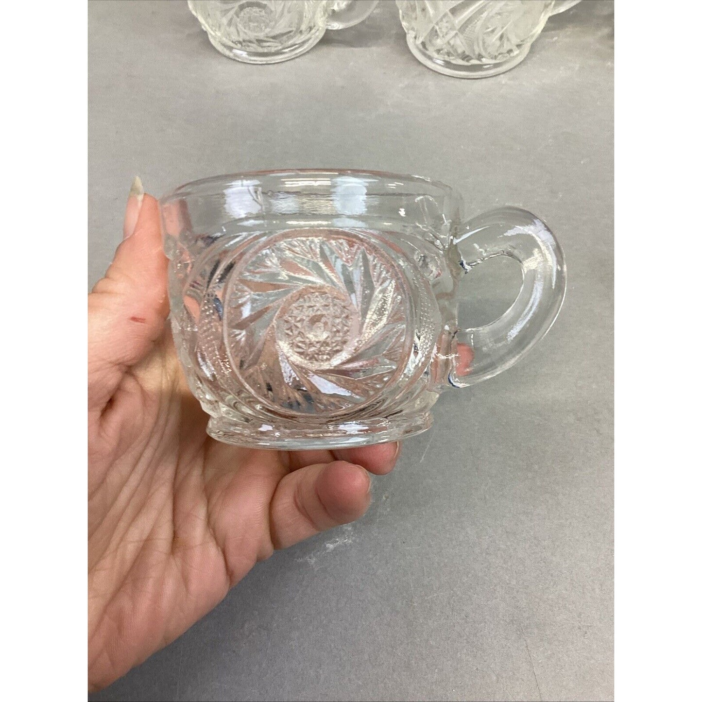 L.E. Smith Aztec Carved Crystal Glass Punch Bowl Cups - Set Of 7