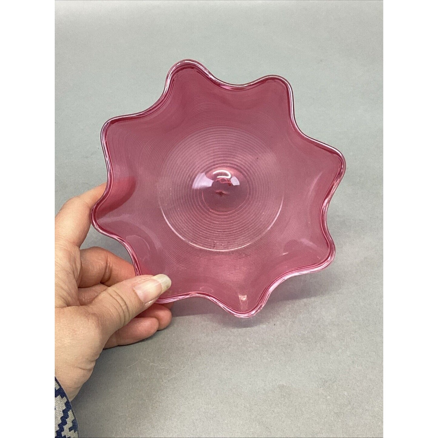 Antique Stephens & Williams Cranberry Glass Threaded Ribbed Finger Bowl - 5.5x3”