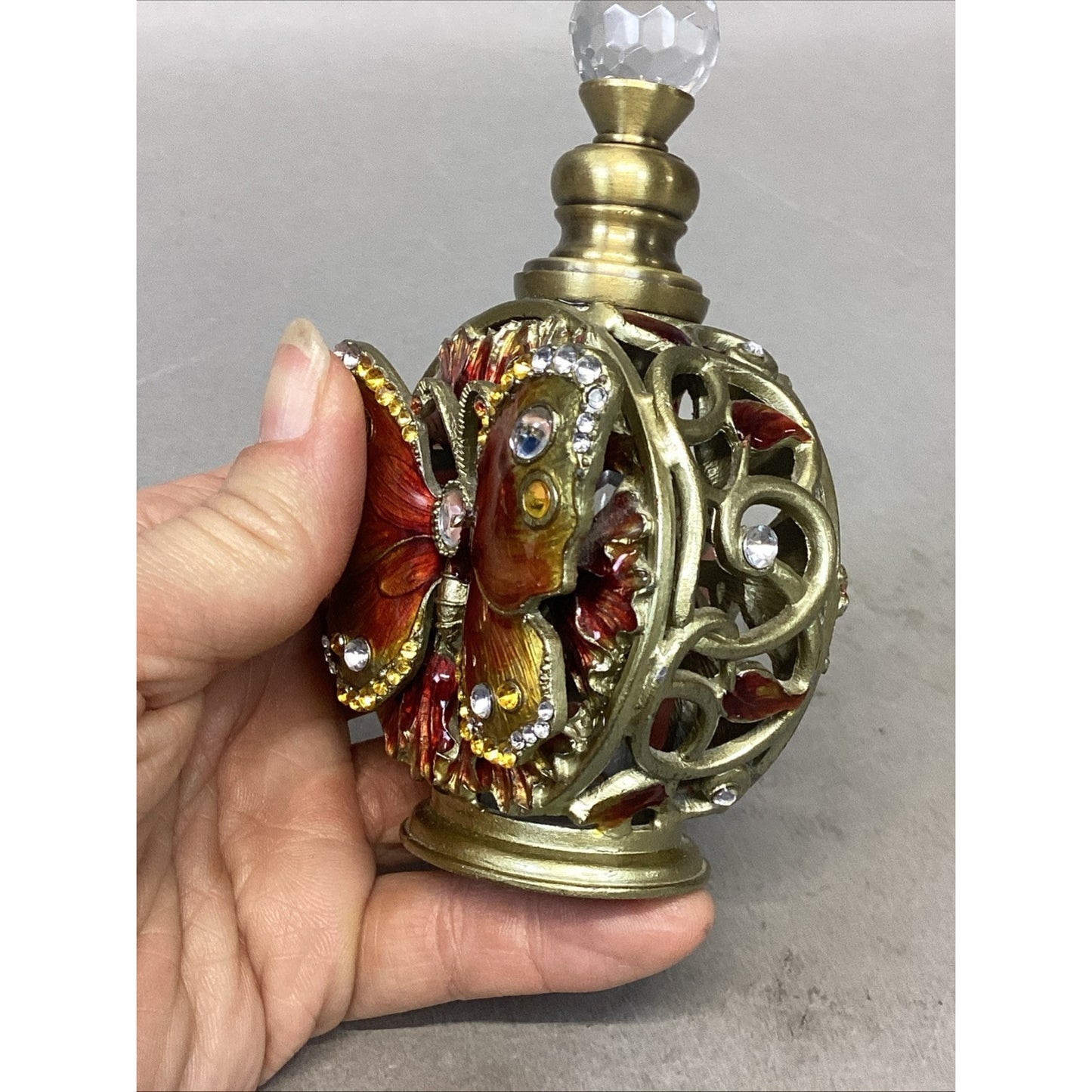 Becky Horton Antique Perfume Bottle With Butterfly & Rhinestones - Empty