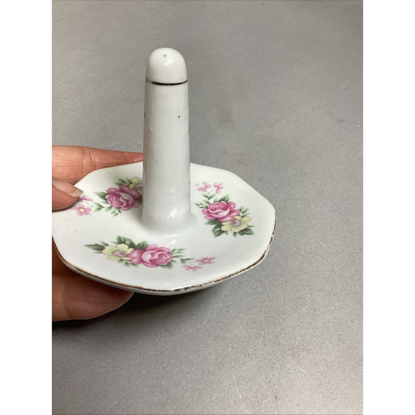 Vintage Porcelain Ring Holder Trinket Dish Pink & Yellow Flowers & Gold Trim