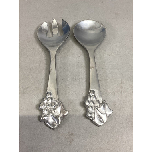 Mariposa Pewter Salad Serving Set Fork Spoon Grapes Grapevine Utensils 1990