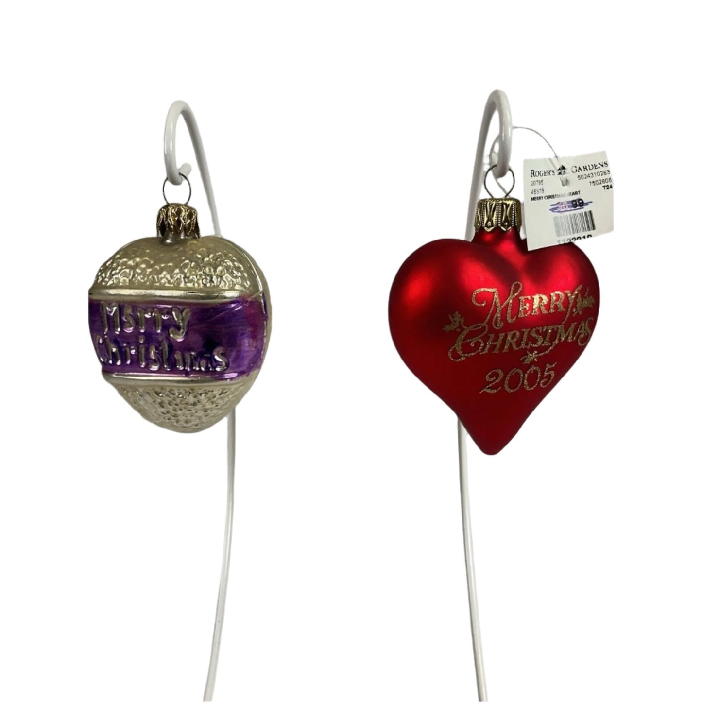 Glass Christmas Red Heart Gold Glitter + Silver Heart Merry Christmas Ornaments