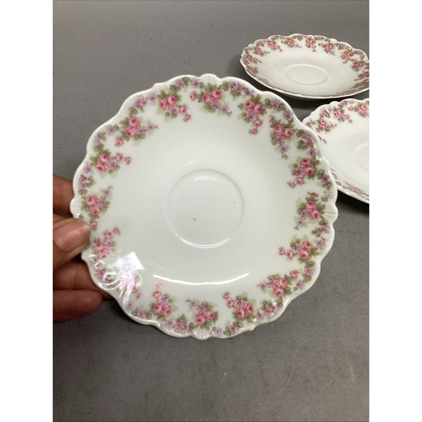 Set Of 10 Vintage Elite Works Limoges Scalloped Edge Saucers Pink Roses - 5-3/4”
