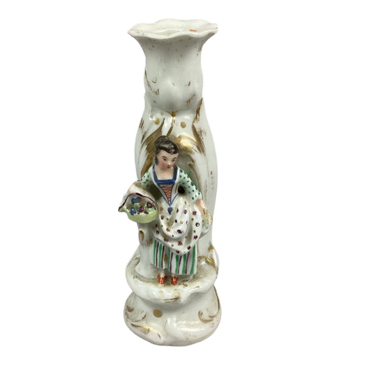 Antique Porcelain Candlestick Holder - Woman Holding A Flower Basket - 7.5”