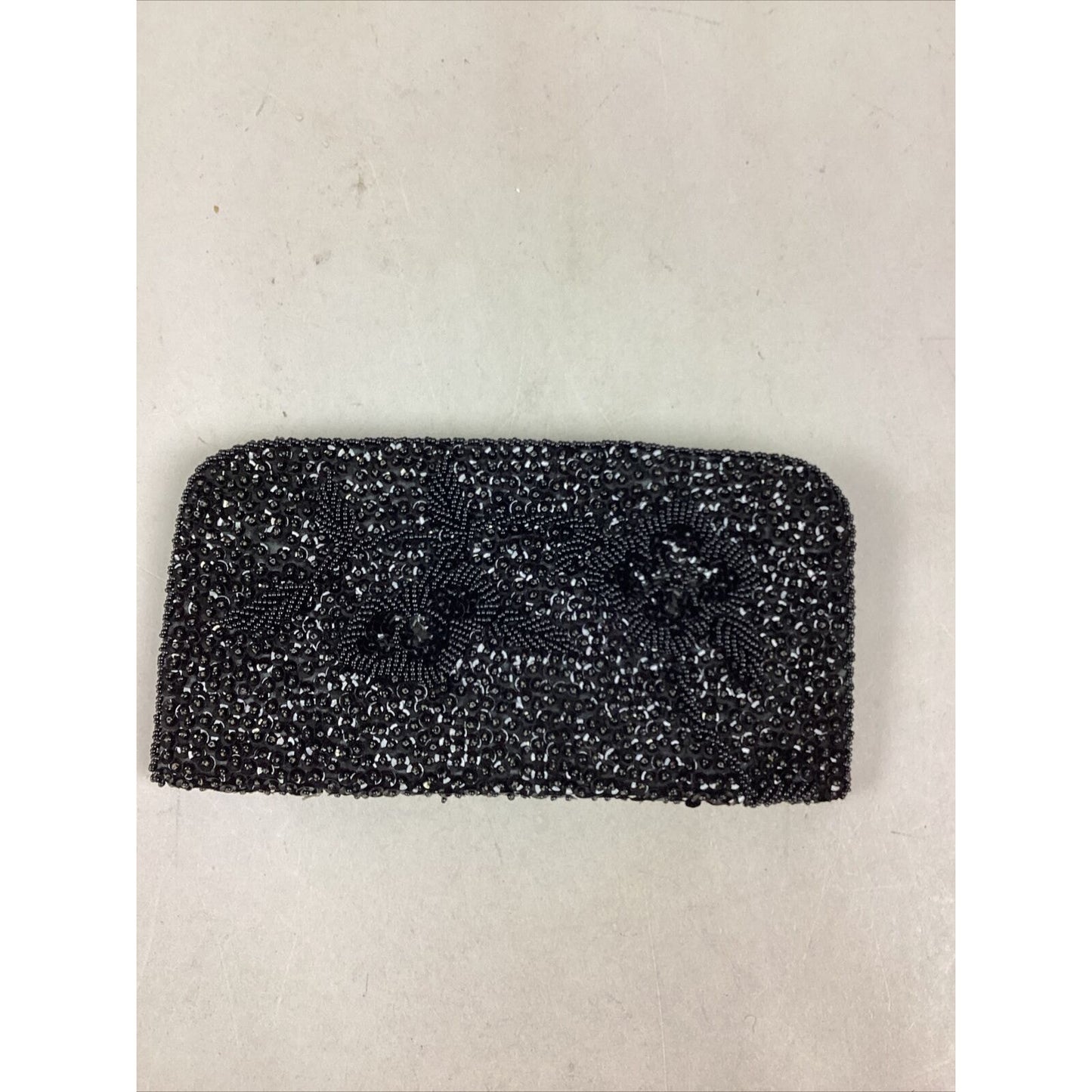Vintage Black Beaded Fold Over Clutch Satin Beaded Side - 8”Lx4.25”H