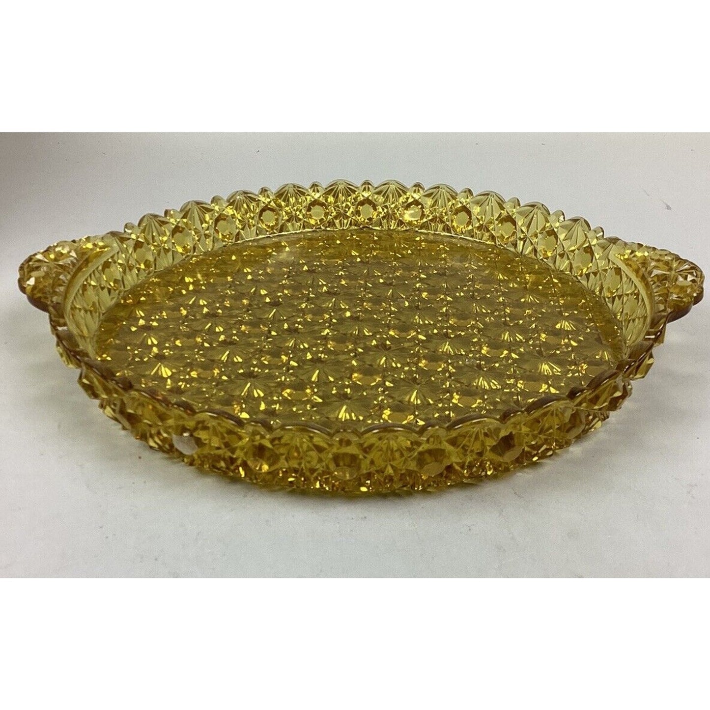 Amber Gold Star Cut Glass Serving Dish & 6 Curved Dessert Bowls/Plates
